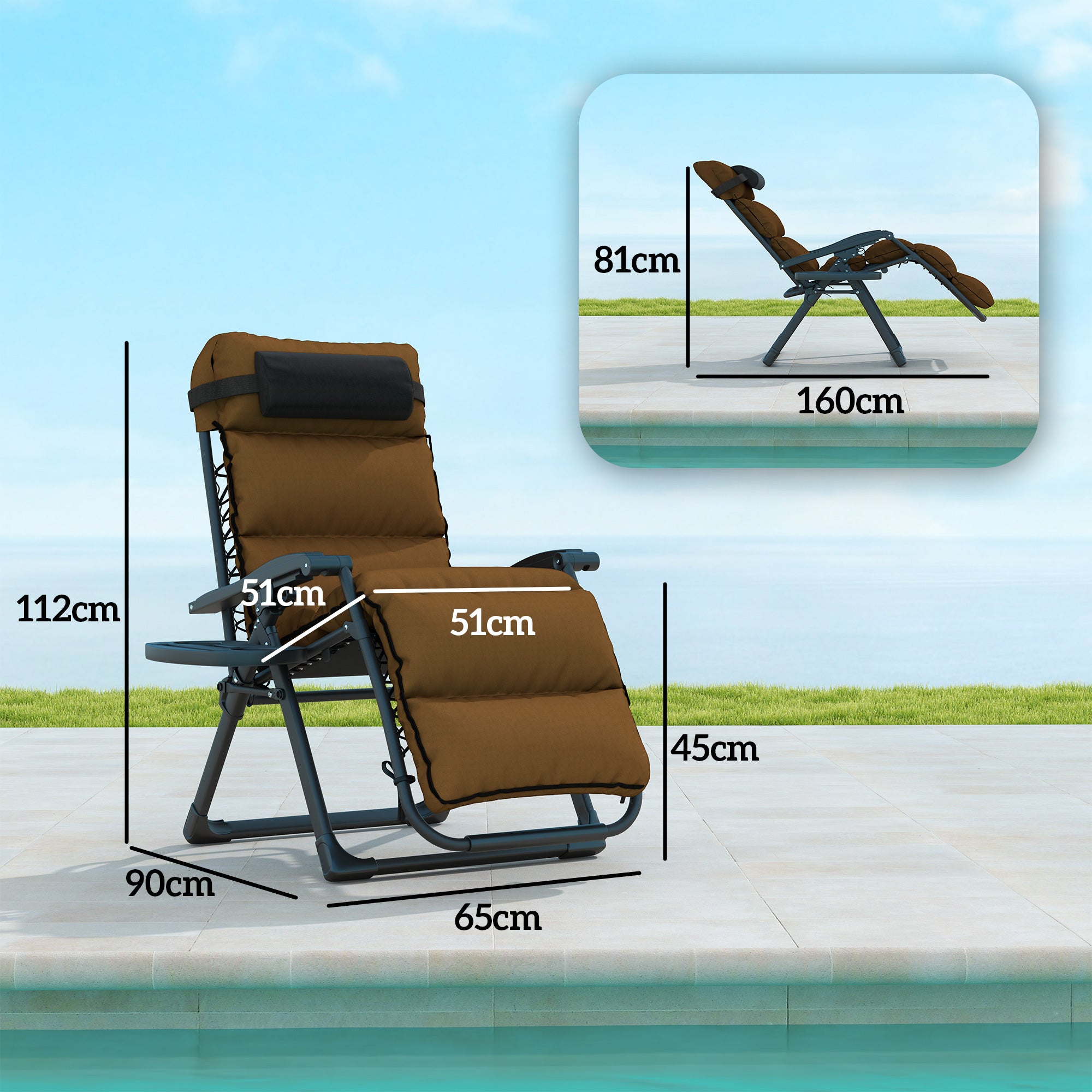 Set of Two Reclining Sun Loungers with Cushion Brown