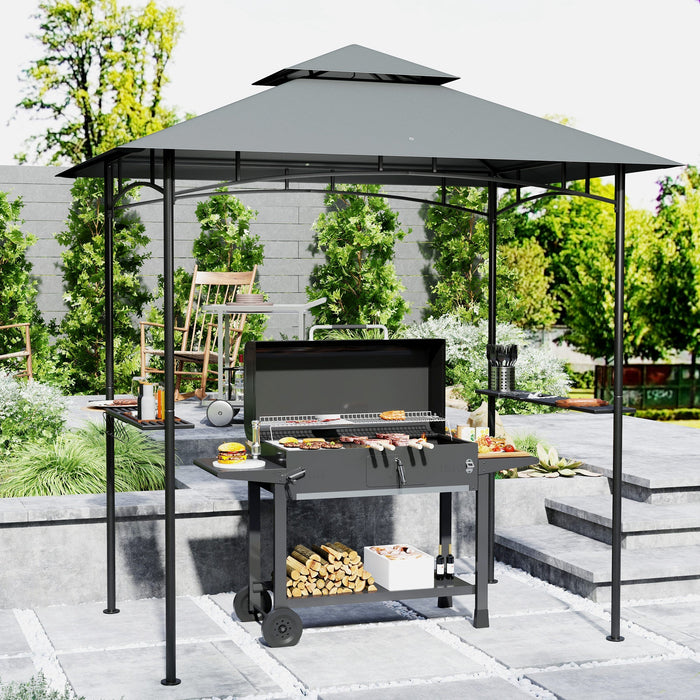 Grill Pavilion LED Lighting, 240x150x258cm, Water-Repellent, Double-Layered Roof, Side Shelves, Dark Grey
