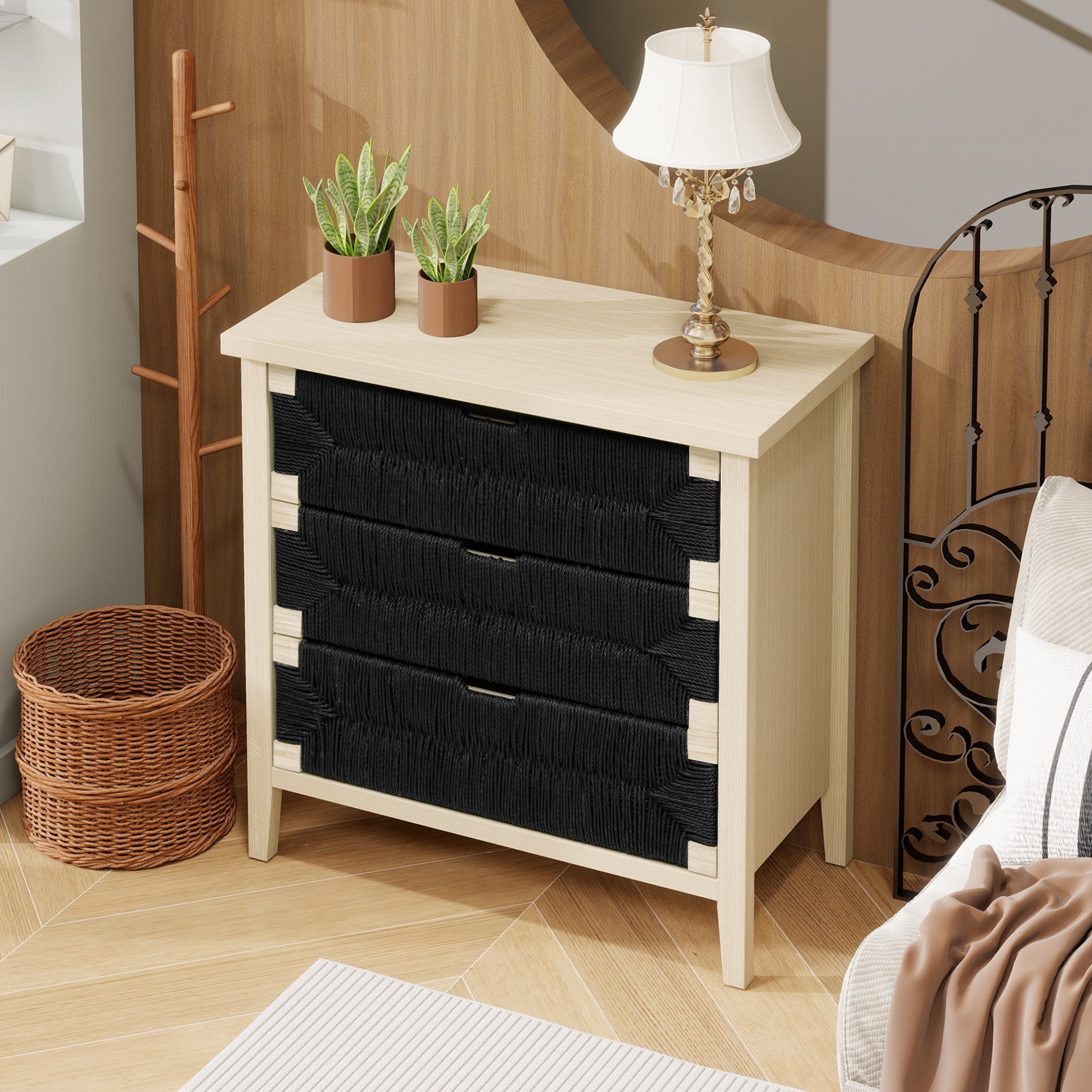 Chest of Drawers 3-Drawer Boho Rope Design 80cm - Natural Wood/Black