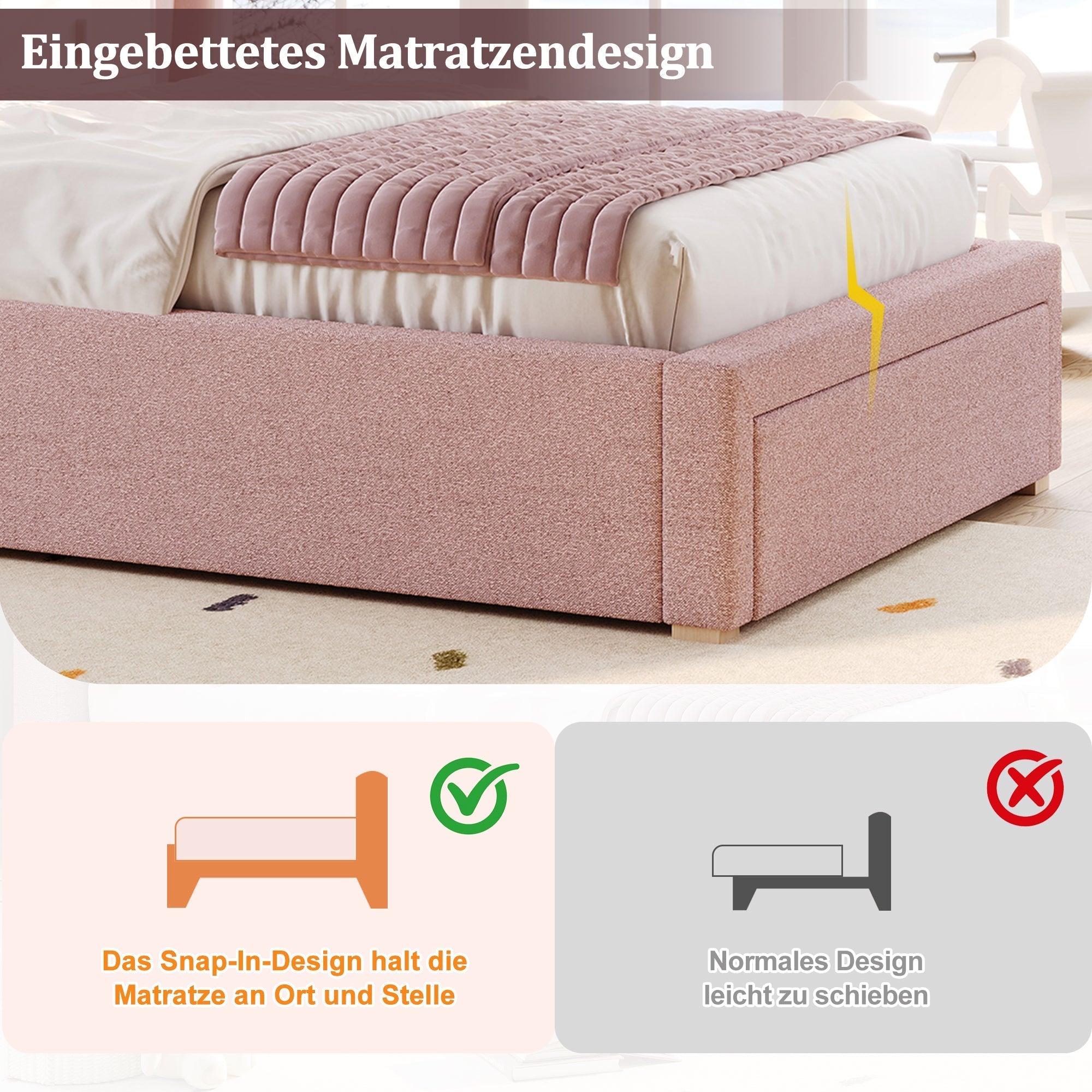 Upholstered Bed, Single/Children's Functional with Storage, Pink Chenille