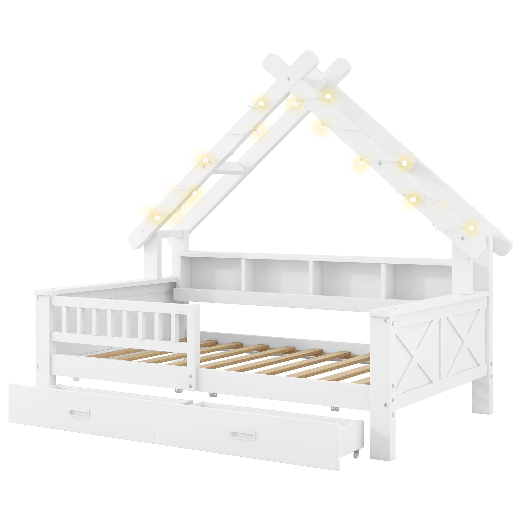 Wooden House Platform Bed with LED Lighting, Storage and Safety Rails, White