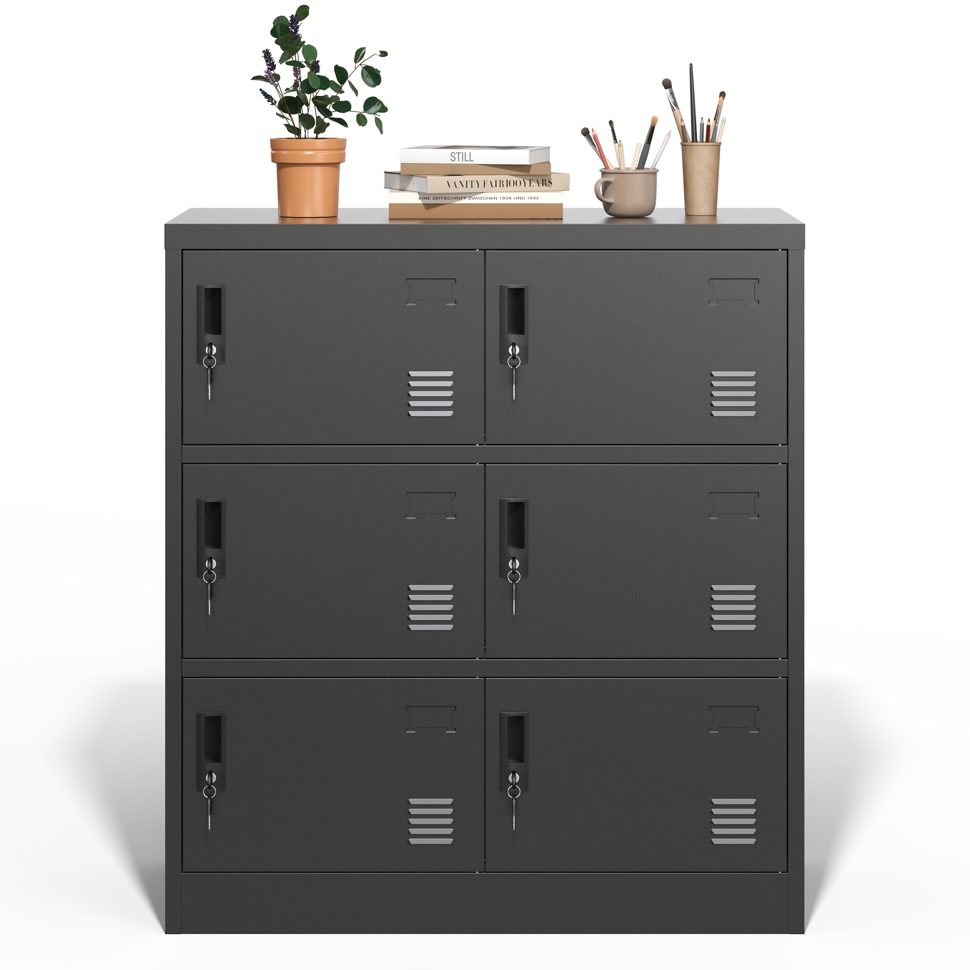 6-Door Metal Cabinet Secure Storage Card Slot 100x90x40 cm - Black