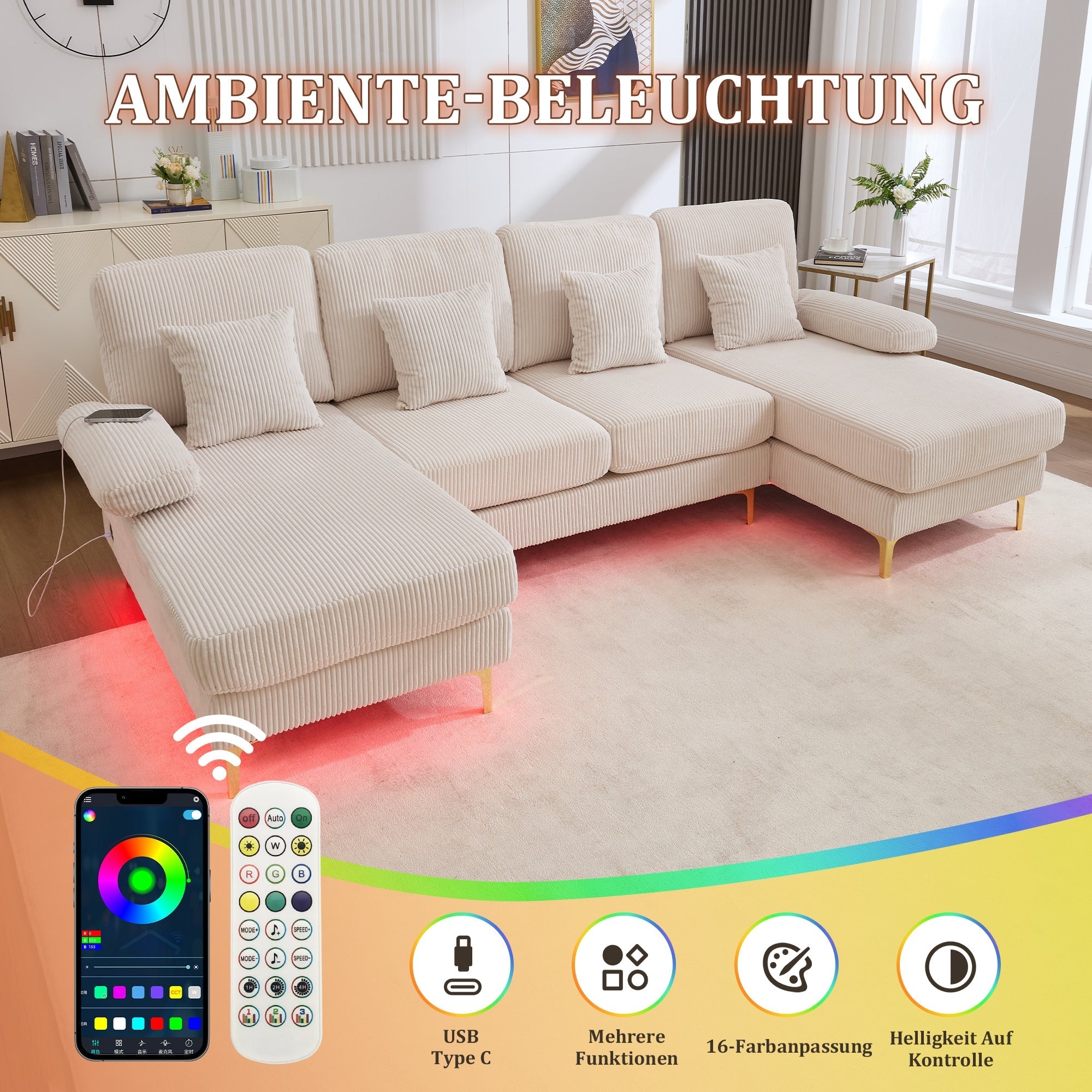 U-shaped Sofa, LED Ambient Lighting, USB-C Port, Solid Wood Frame, Beige
