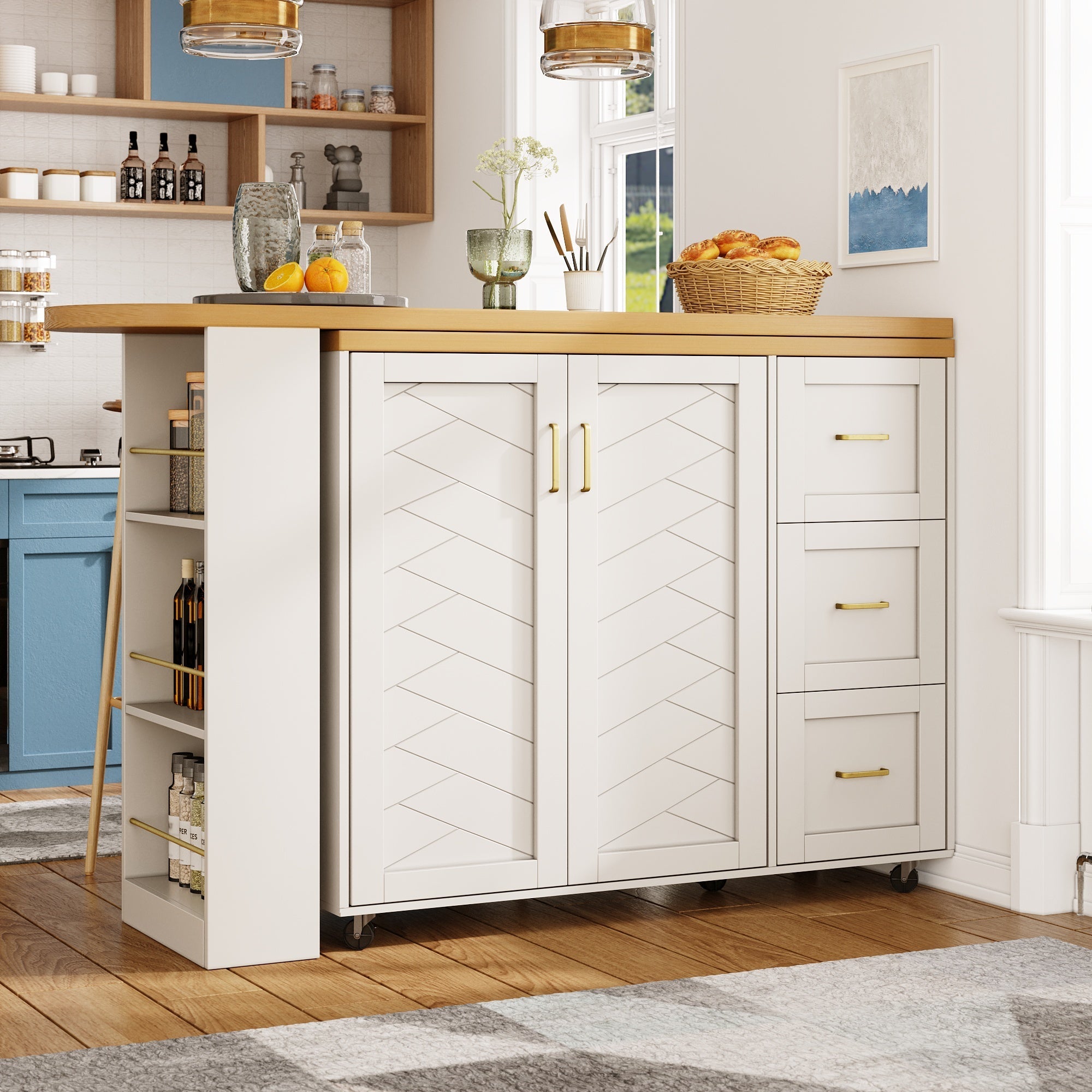 Extendable Bar Cart 2 Doors 3 Drawers Rolling Worktop White/Black Wood Look