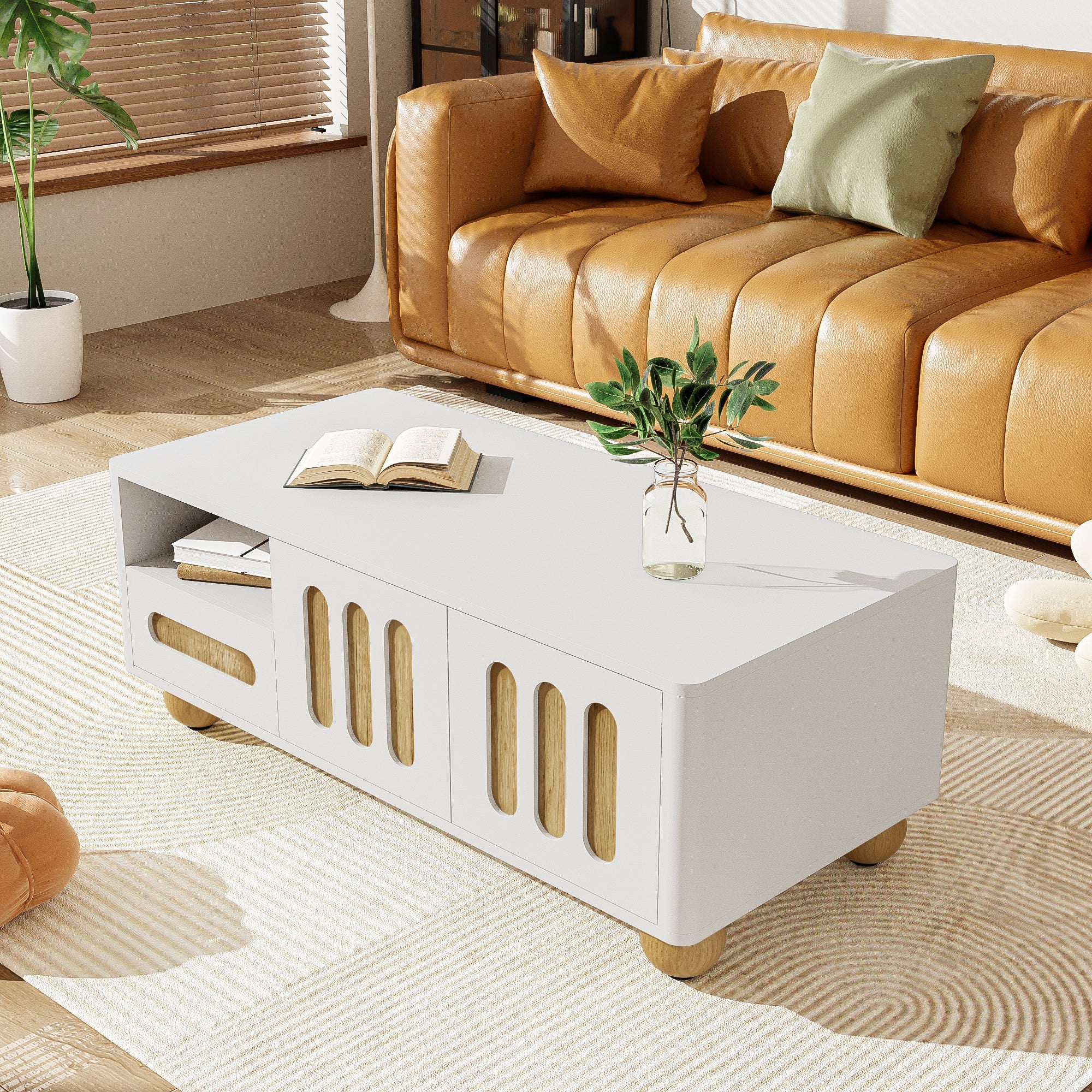 Coffee Table, 105x50x40 cm, 4 Doors, 2 Drawers, LED Light, White Wood