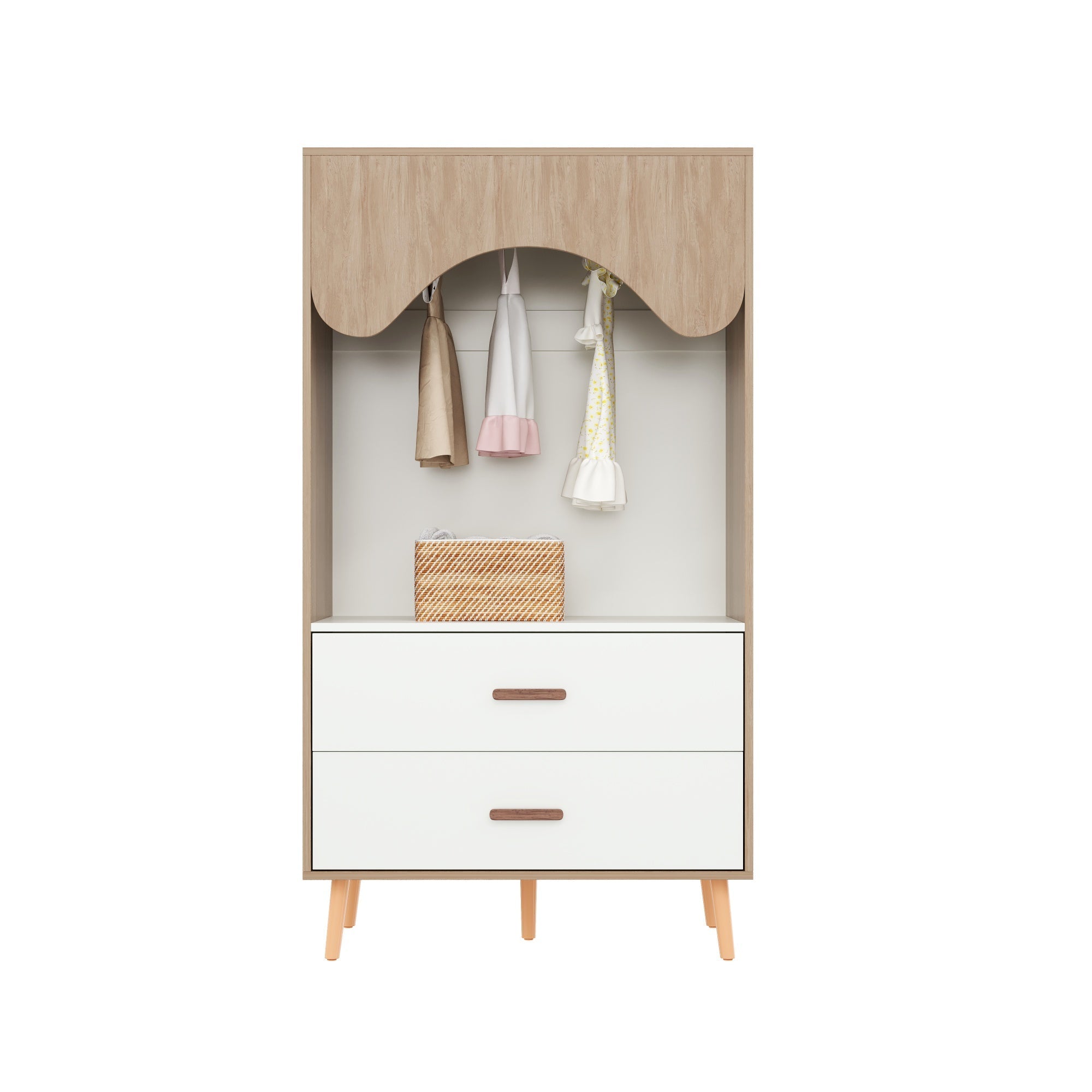 Children's Wardrobe Clothes Rail Drawers Open Storage, White Natural Wood Chipboard