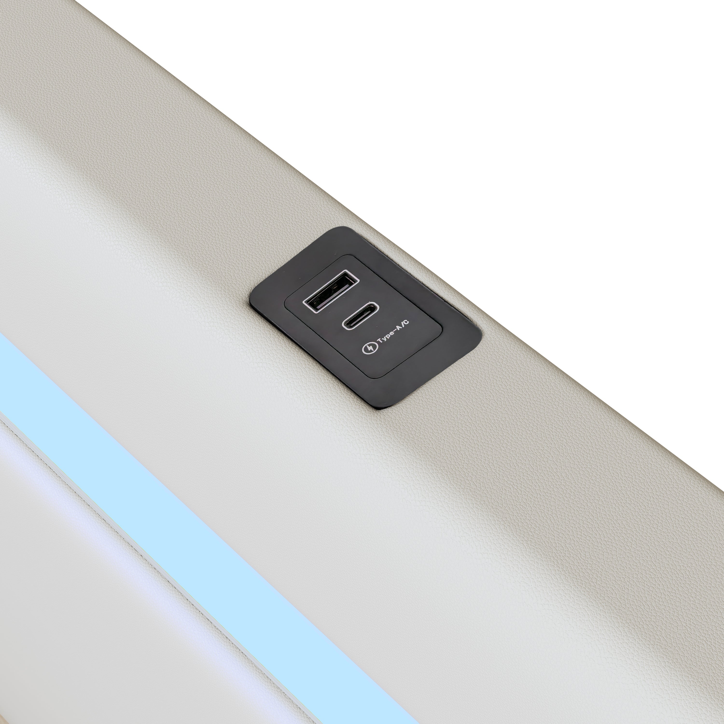 Upholstered Bed with LED Lights, Bluetooth Player, USB Ports and Hydraulic Storage, White PU Leather