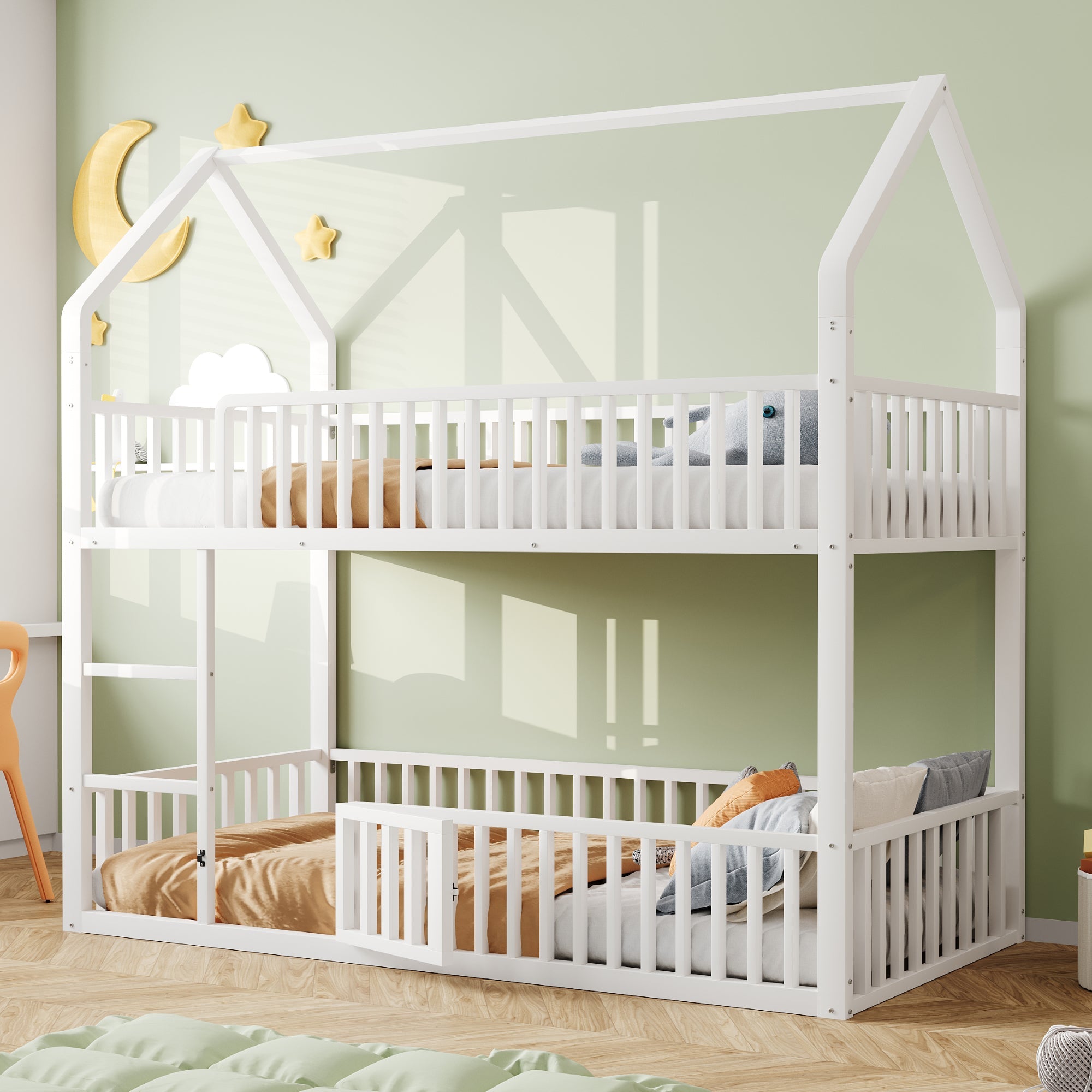 Children's Bunk Bed 90*200, Loft Design with Stairs, White Metal