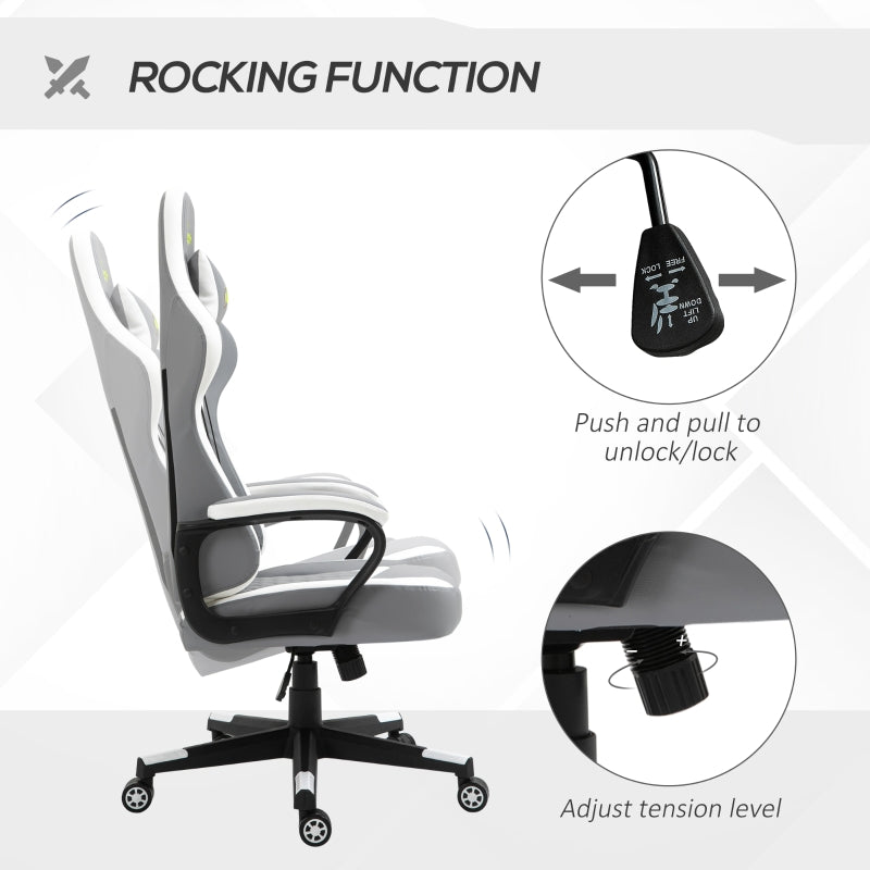 Gaming Chair with Lumbar Support, Headrest, Swivel Wheels, Faux Leather Grey White