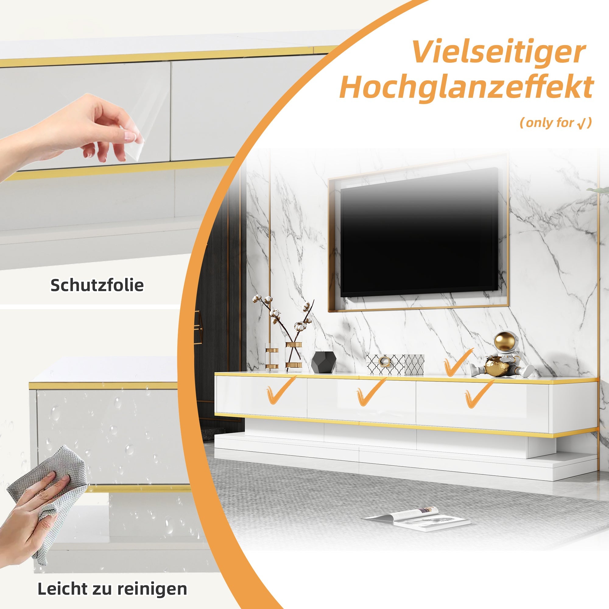 TV Cabinet, 200x40x40cm Lowboard with 3 Drawers, High-Gloss, Warm White with Gold Edge