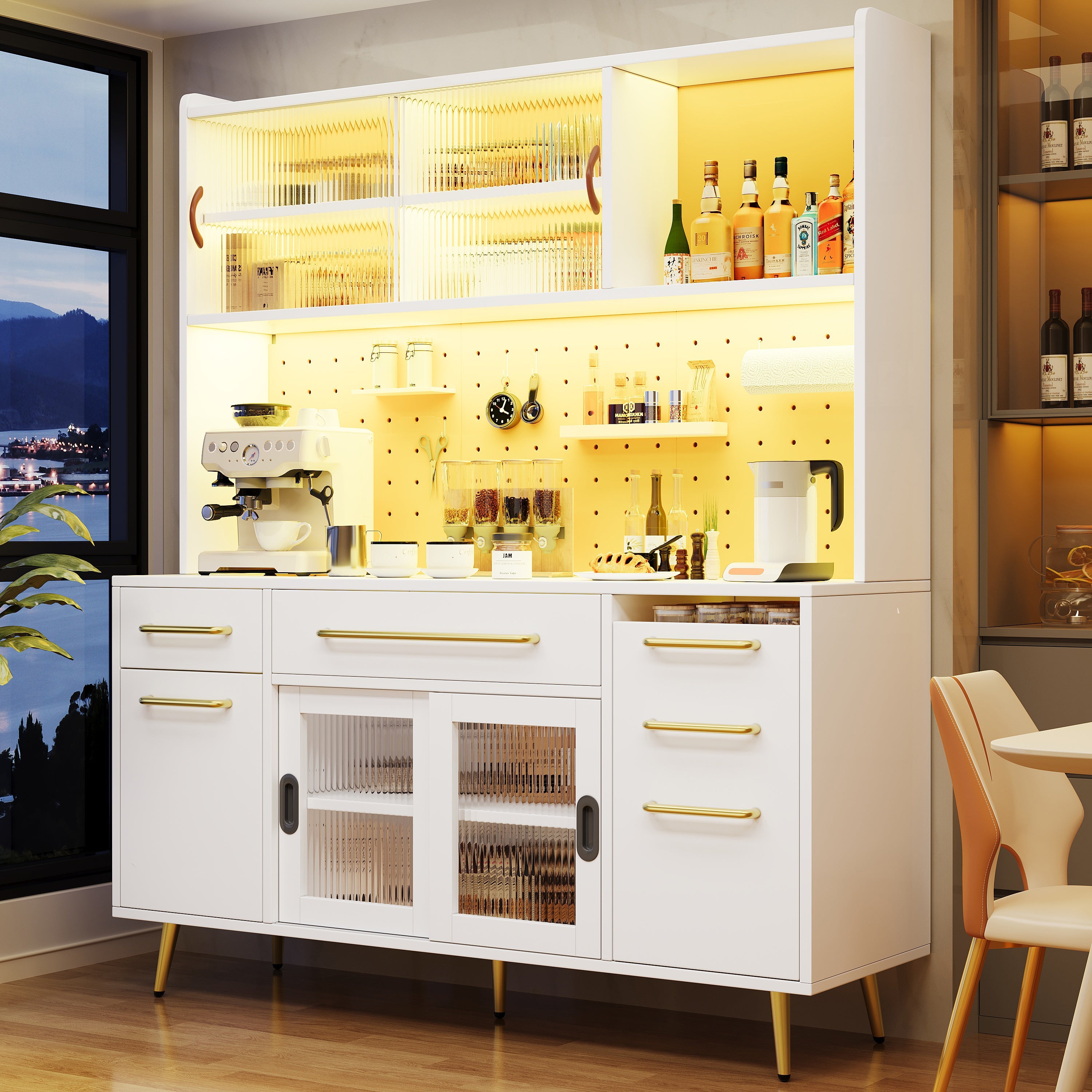 Modern Sideboard Storage Cabinet with LED Lighting and Pegboard, White