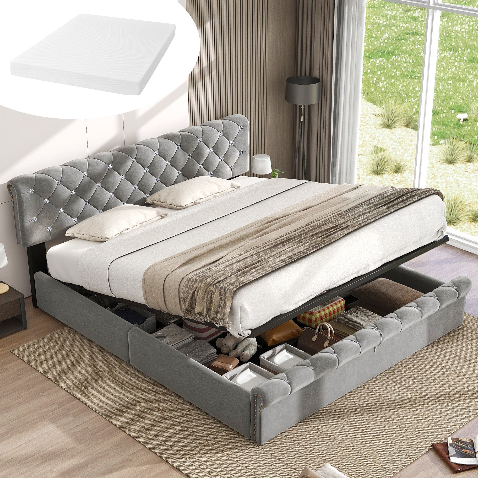 Upholstered Bed with Adjustable Headboard and Slatted Base, 160x200cm, Grey Velvet