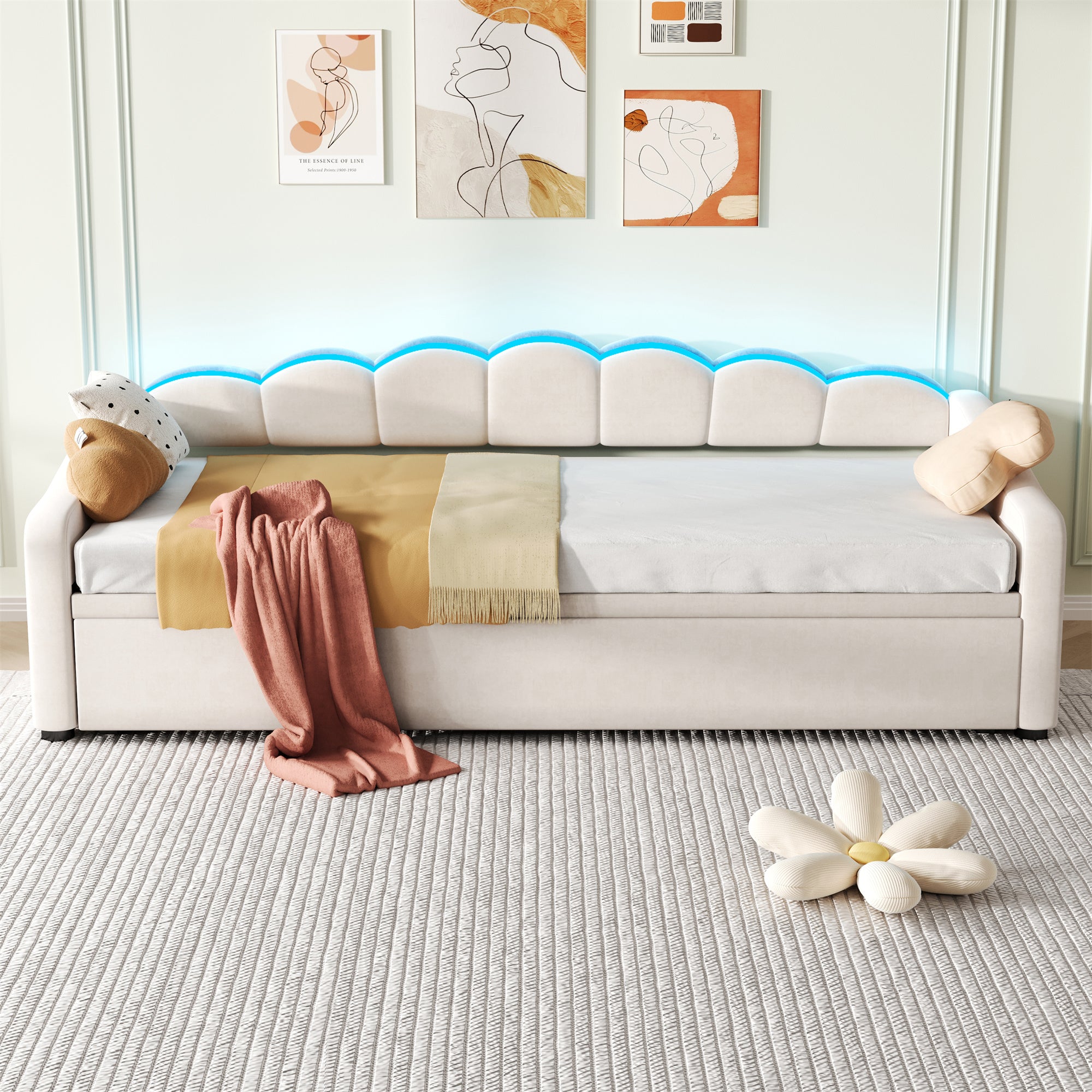 Upholstered Daybed Sofa Bed 90x190cm with RGB LED, 3ft Petal Shape Single Bed with Trundle, Velvet Beige