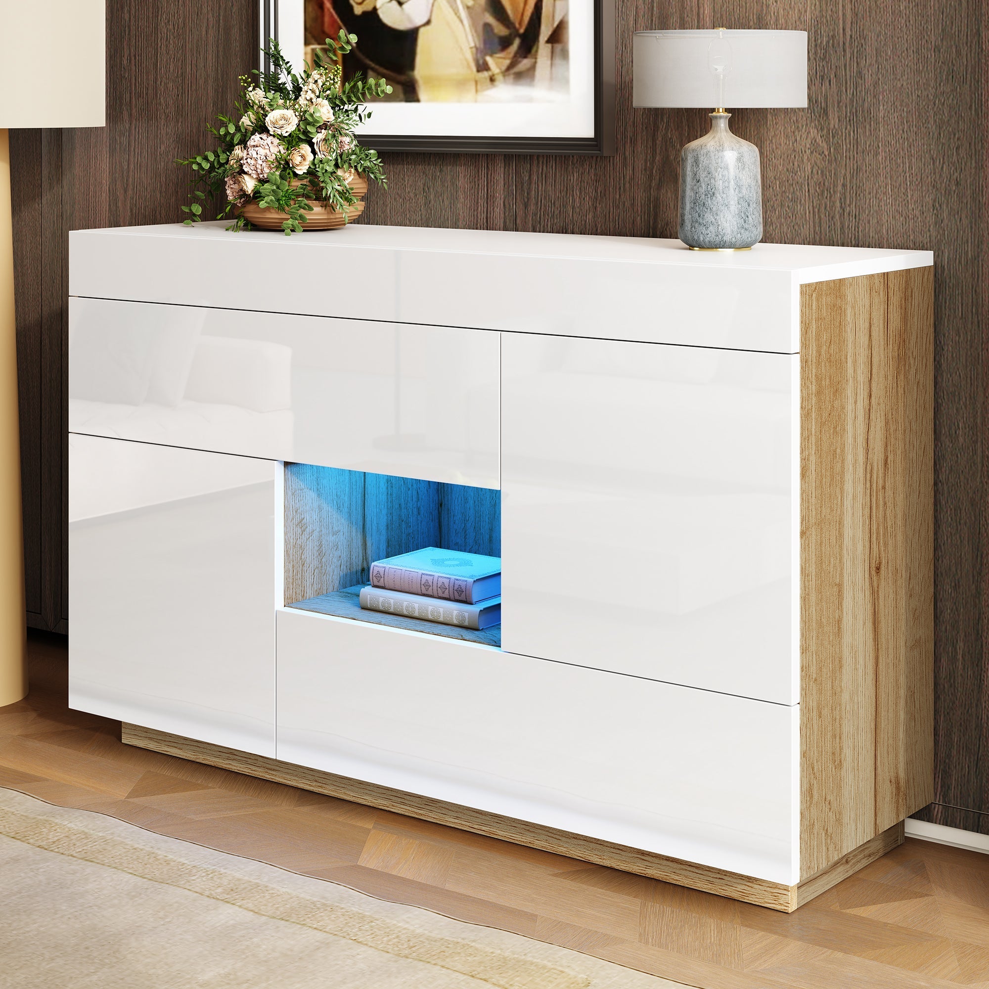 Sideboard, High-Gloss Display Cabinet with LED Lighting & Drawers, White