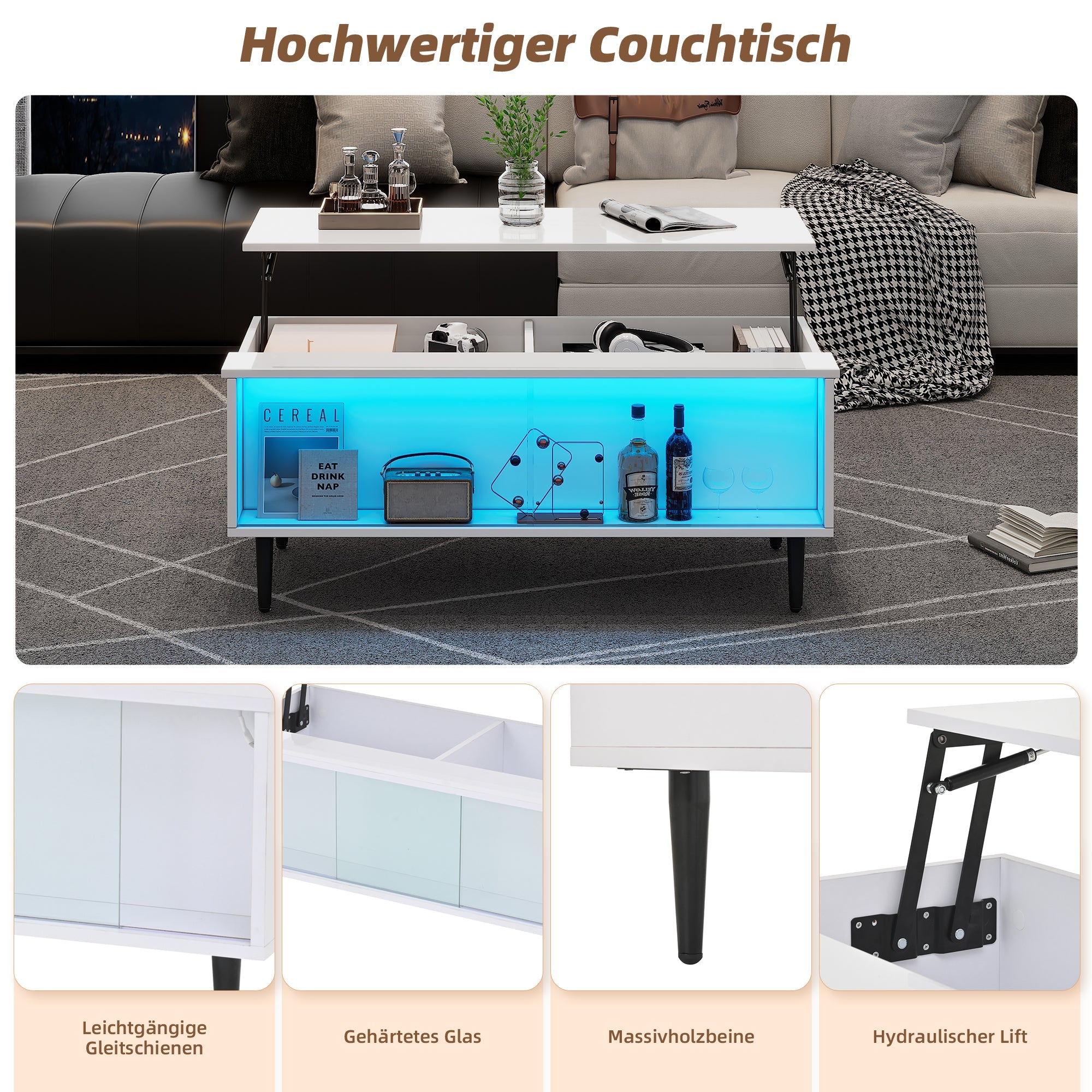 Coffee Table, Height-Adjustable with Hidden Storage & LED Light, White Tempered Glass