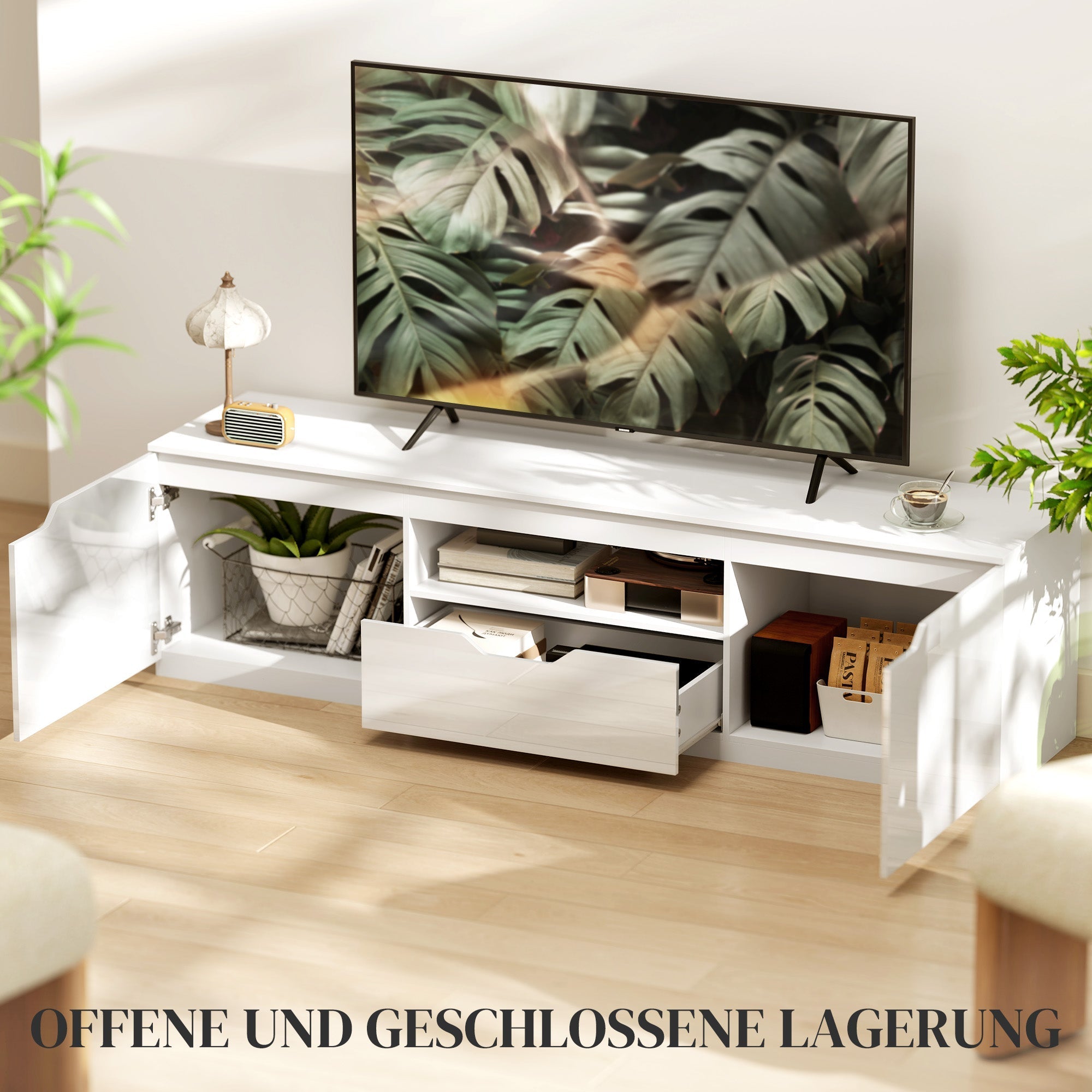 TV Cabinet Lowboard, 2 Doors, Drawer, 160cm, White