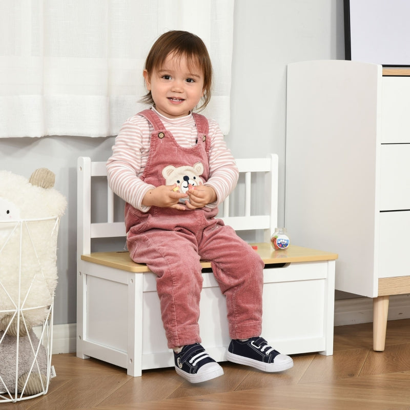 2 In 1 Wooden Toy Box Seat Storage Bench with Safety Pneumatic Rod, White Engineered Wood