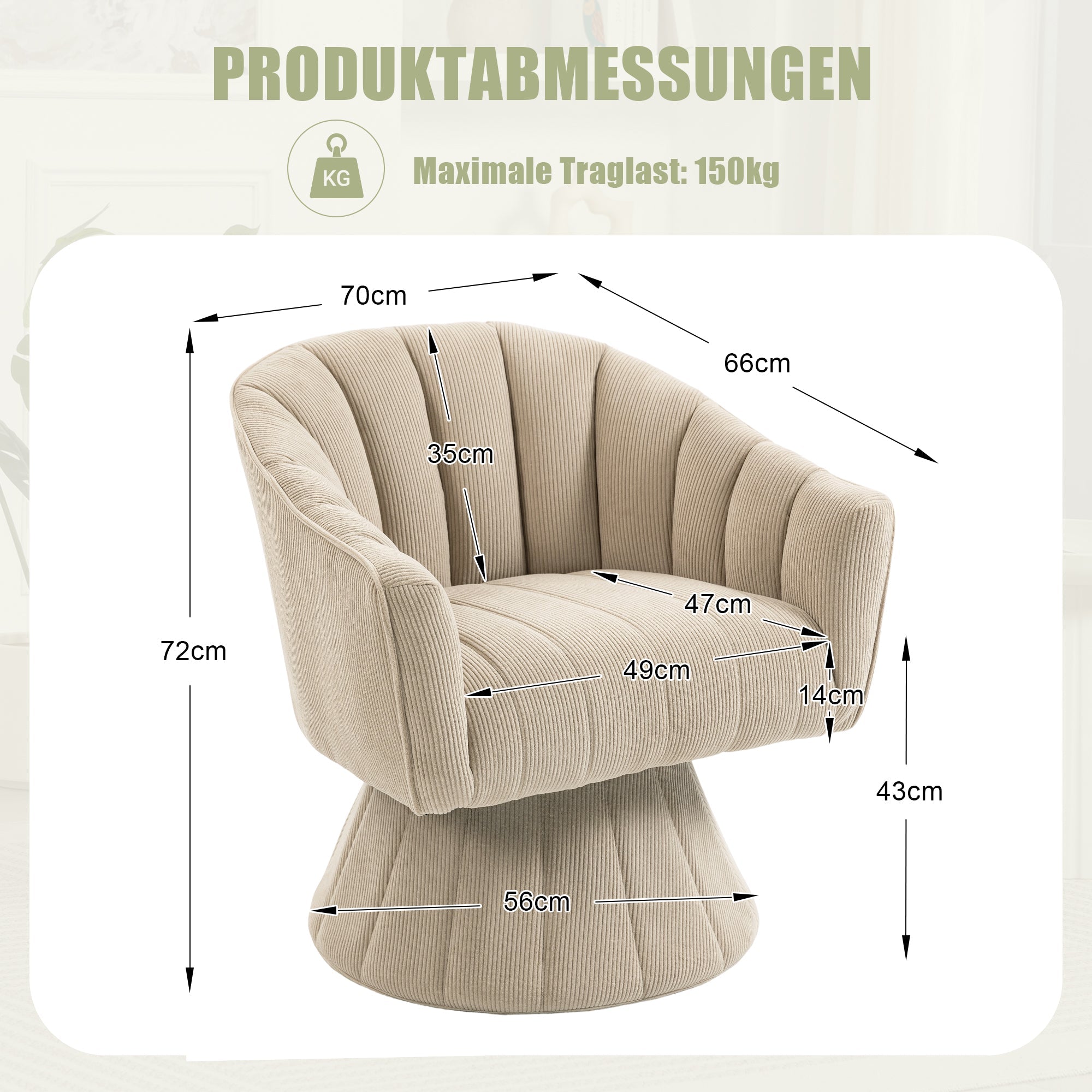 360° Swivel Chair with Ergonomic Cushions and Wraparound Armrests, Khaki