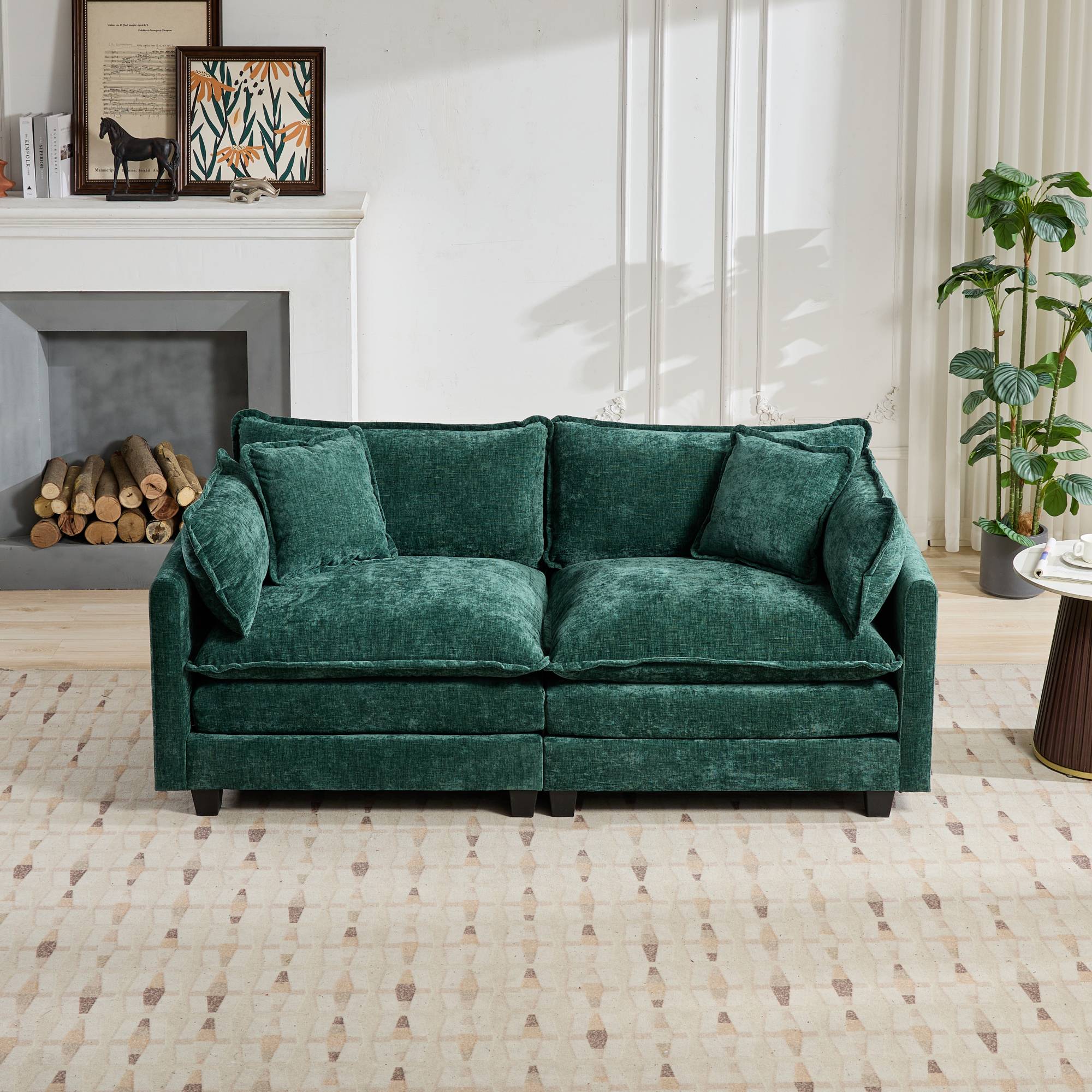 Cloud Sofa Loveseat, Modern Sectional Couch with Double Layer Upholstered Cushion, Green Chenille Fabric