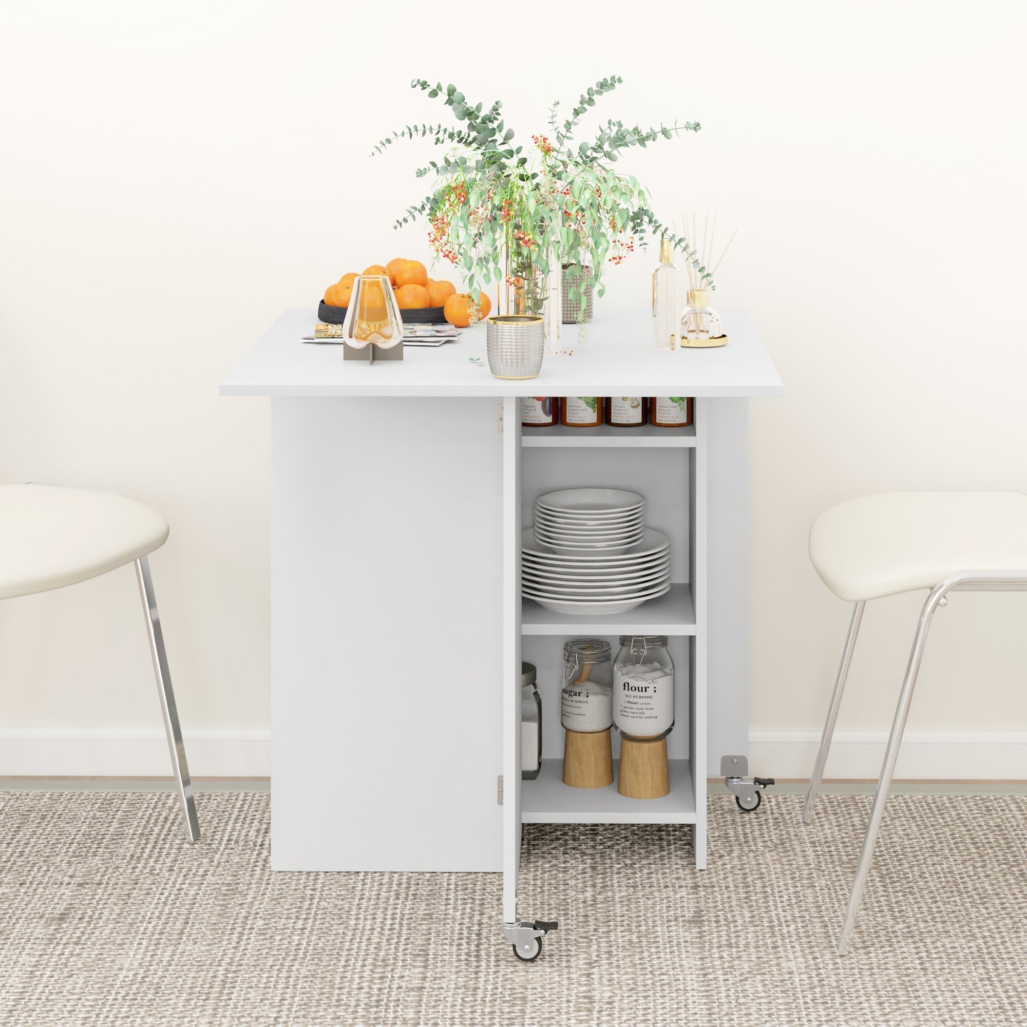Folding Dining Table, Mobile 2-4 Person Storage Table, White