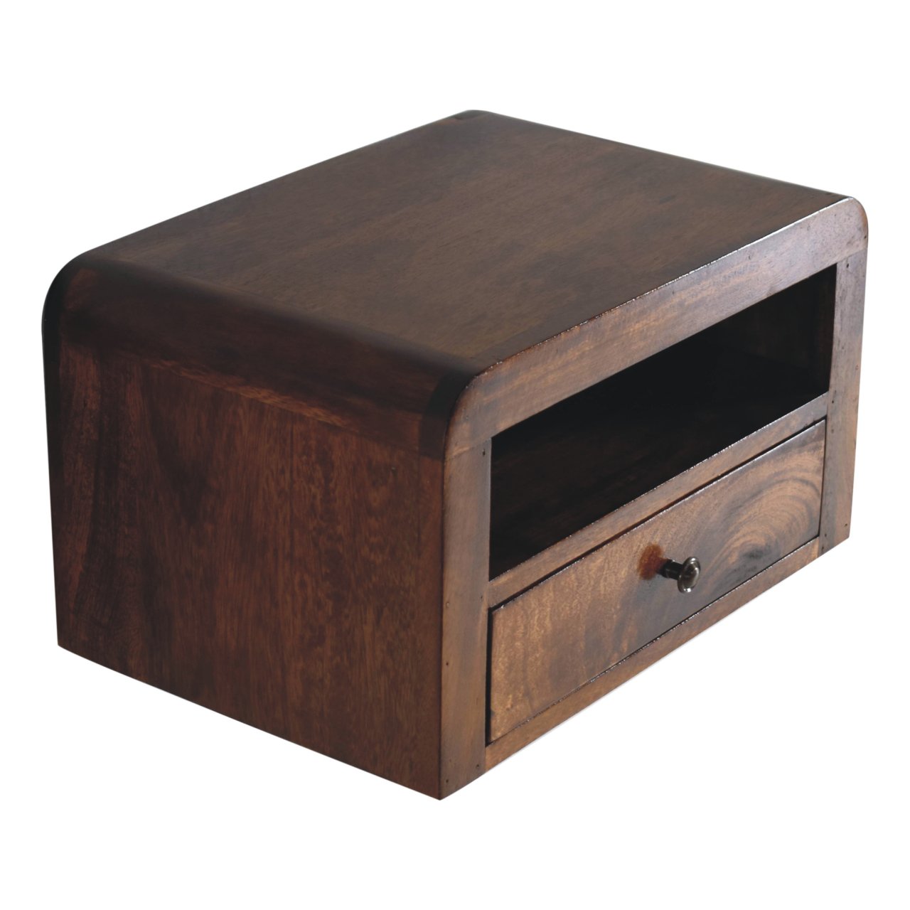 Solid Wood Nightstand, Chunky Wall Mounted 1 Drawer 1 Open-Shelf, Chestnut Brown