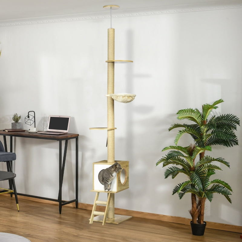 Cat Tree, Ceiling-High Cat House Two Platforms Hammock Anti-Tip, Light Brown + Beige