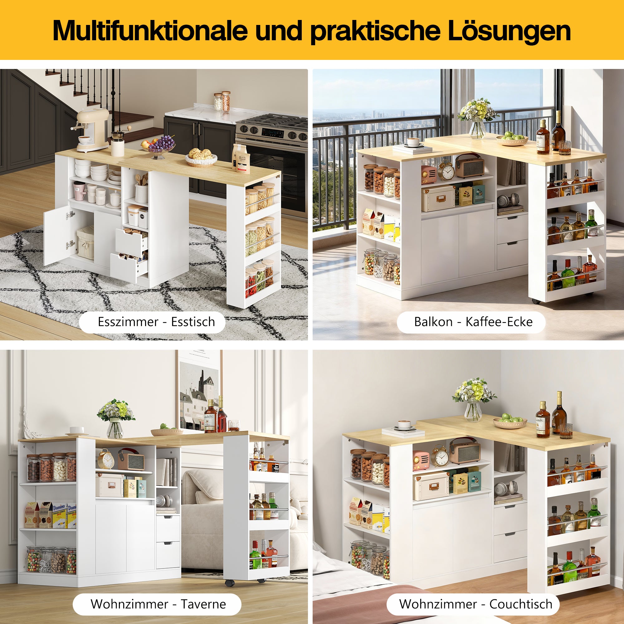 Kitchen Island with Extendable Worktop and Storage Shelves, Wood Look