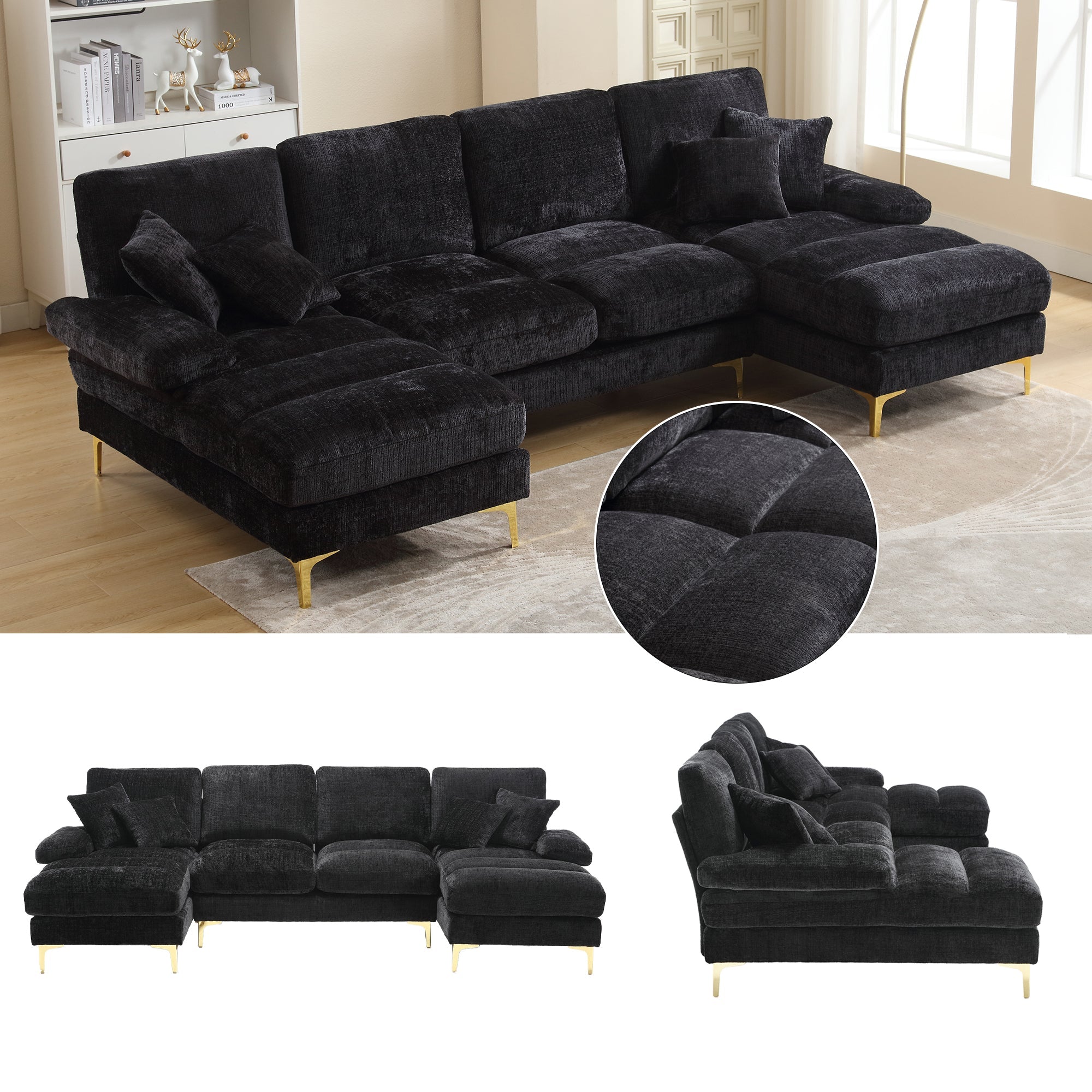 Modern Large U-Shape Sectional Sofa Double Reclining Seats, Chenille Fabric