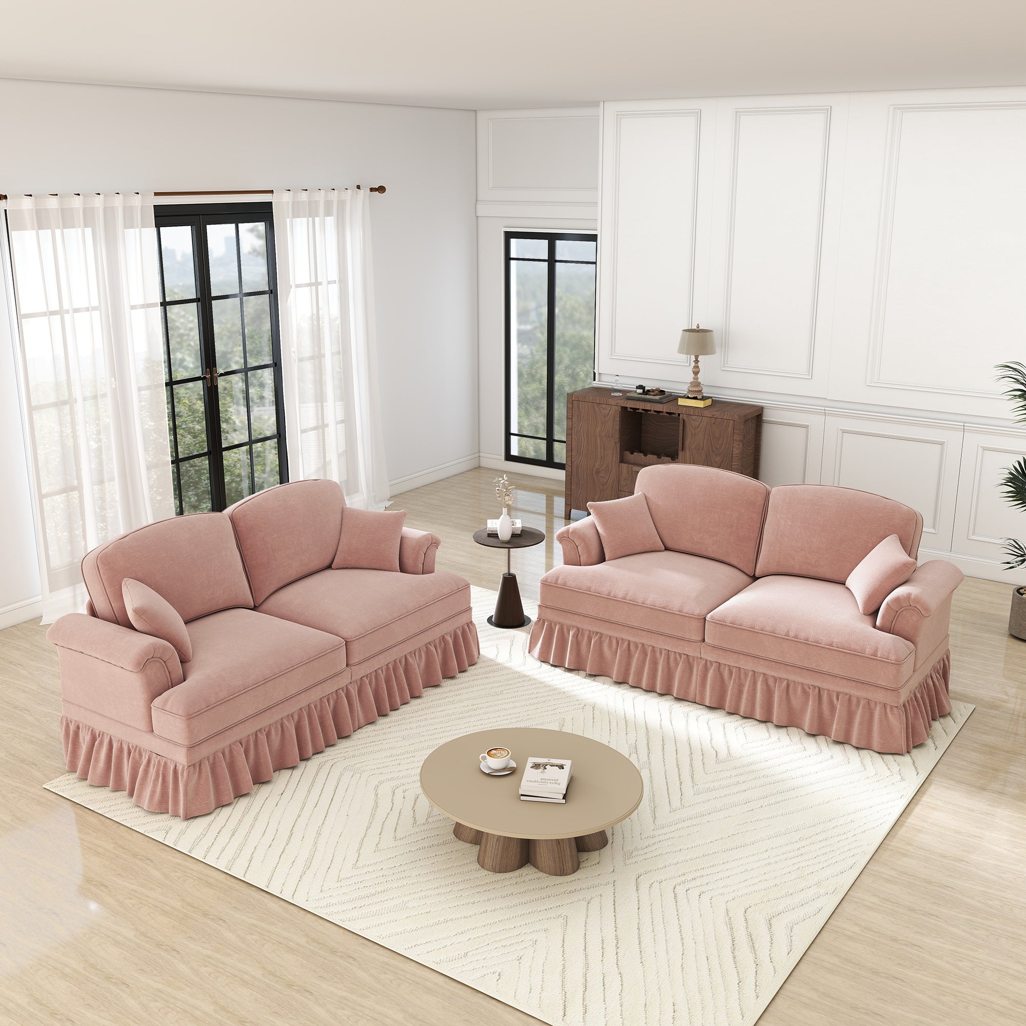 L-Shaped 2-Seater Sofa Mid-Century Movable Ottoman Chenille - Pink
