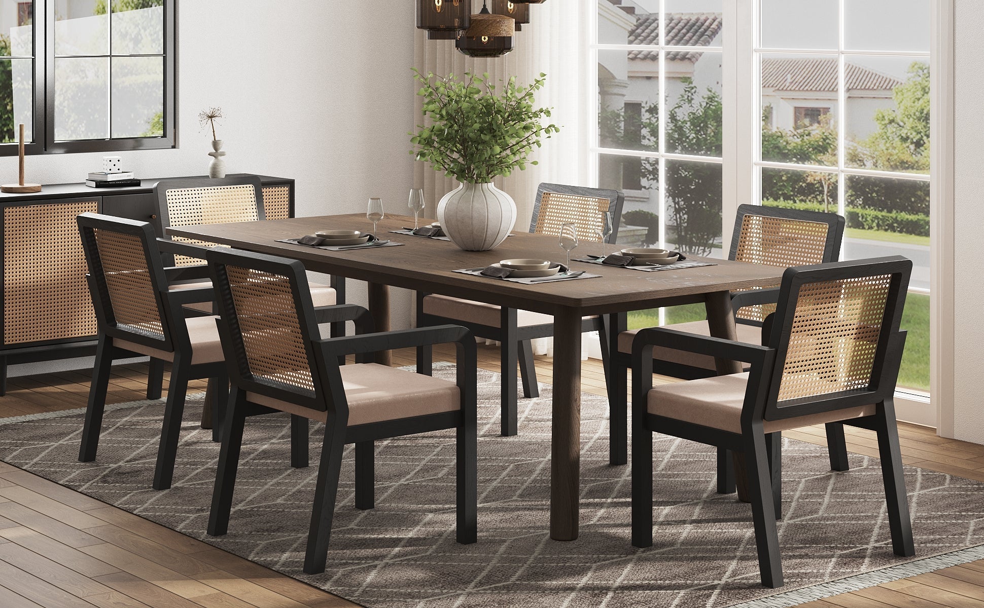 Dining Chair Set of 6 Ergonomic Rattan Backrest Rubberwood Legs Velour Fabric