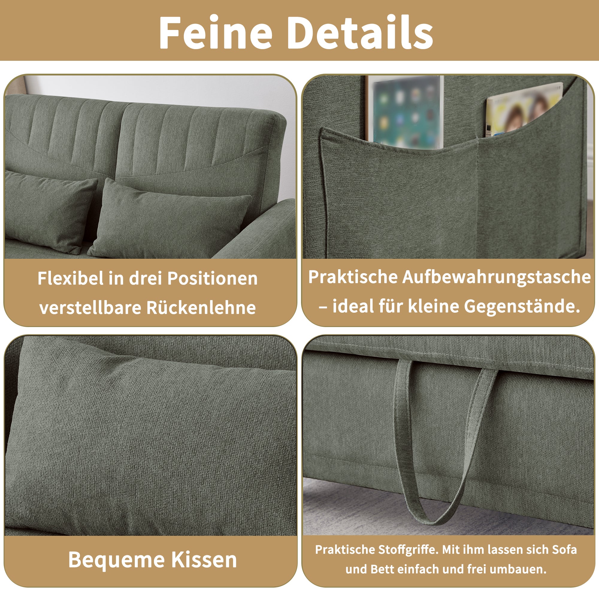 Sofa Bed Two-seater Extendable 3-Position Adjustable Backrest - Cotton-Linen Fabric