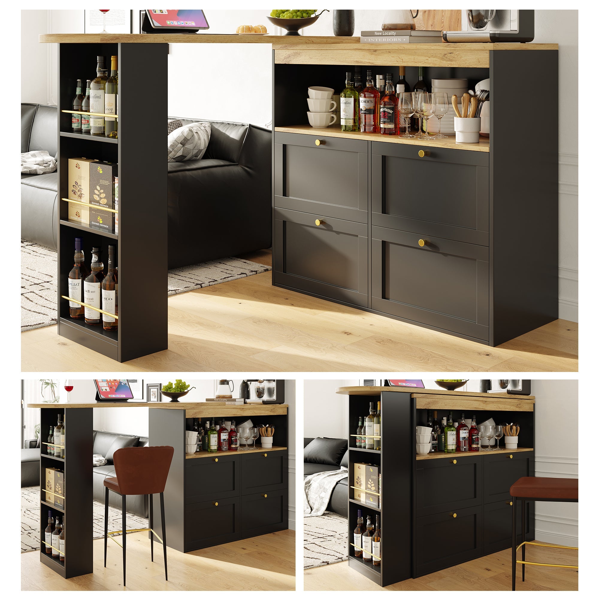 360° Swivelling Bar Table with 4 Drawers, Open Shelves, 105x39x102 cm, for Dining/Study/Living Room
