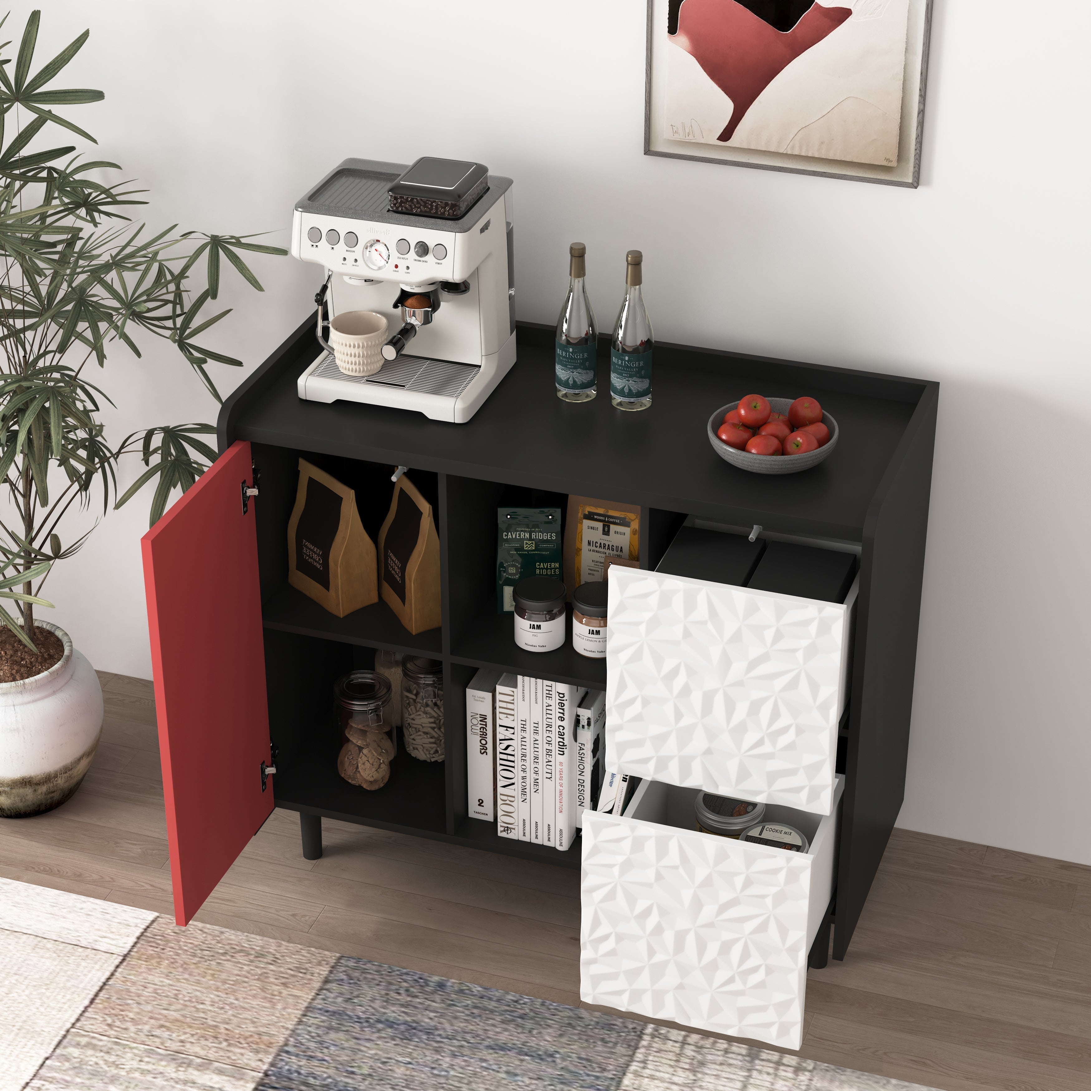 Sideboard Buffet Cabinet with 2 Drawers & Open Storage - Black/Red