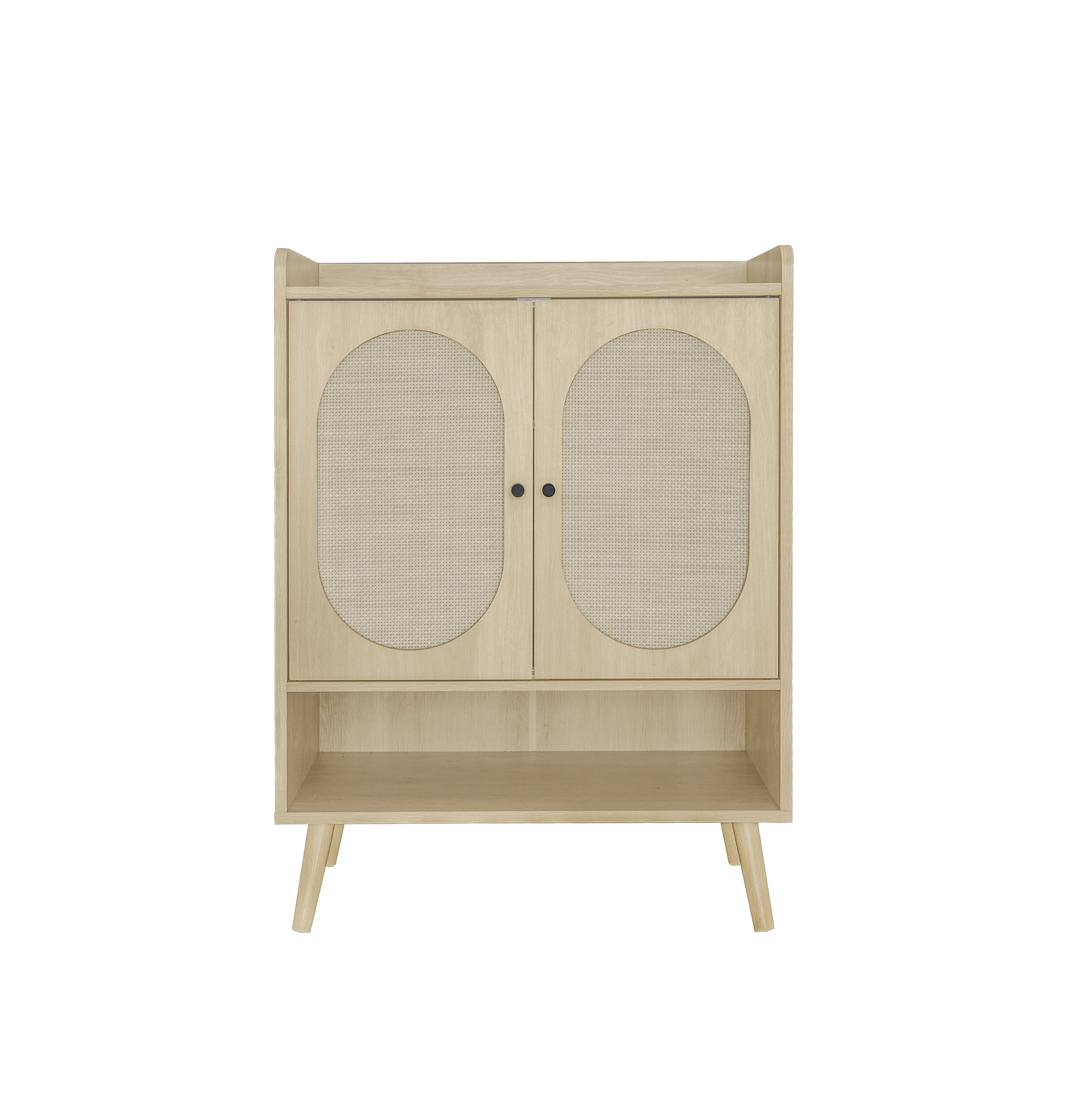 Shoe Cabinet with Double Doors, Storage & Open Shelf, Natural Rattan