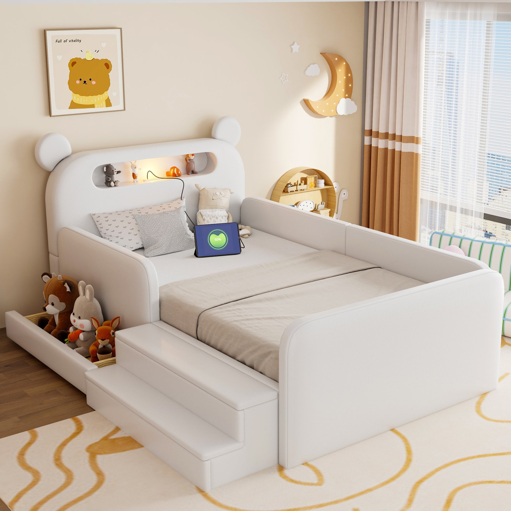 Children's Upholstered Bed 90x200cm Bear Headboard Night Light USB Storage Step Seat White Faux Leather
