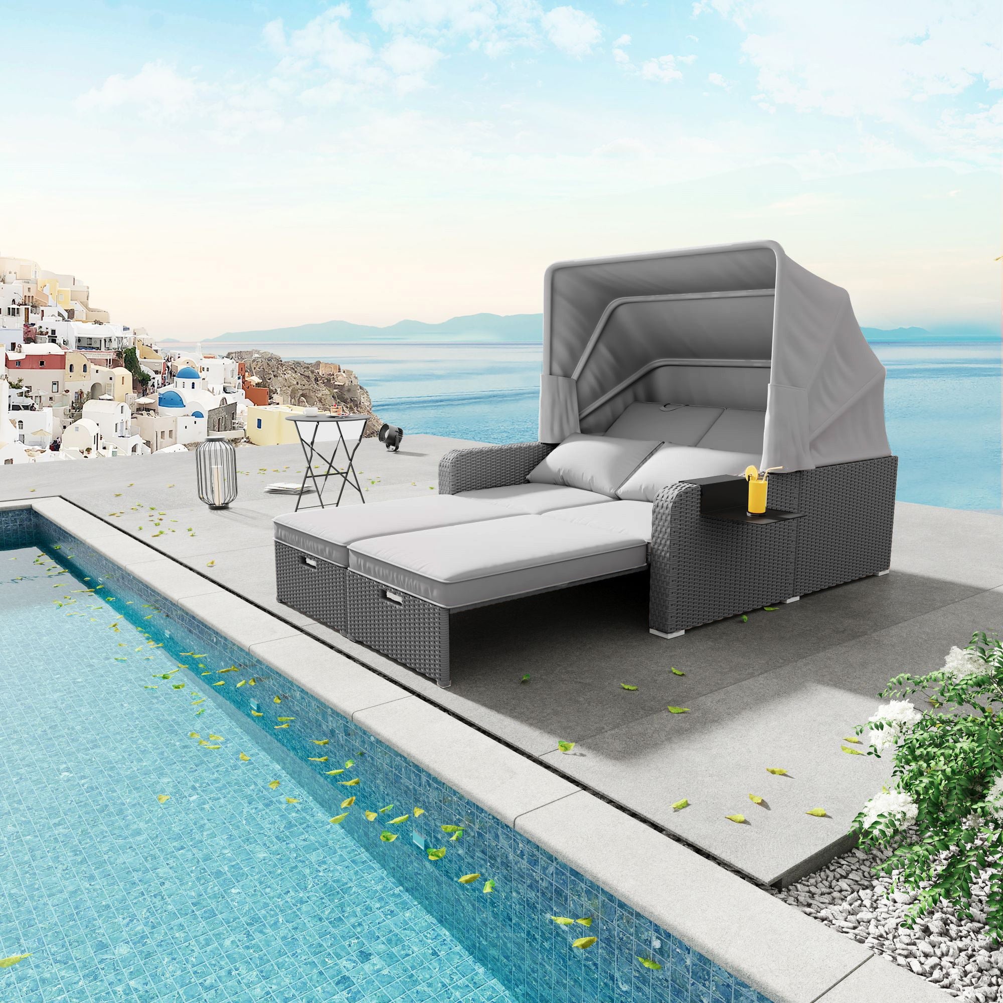 Polyrattan Garden Furniture Set for 2 People with Removable Awning, Grey