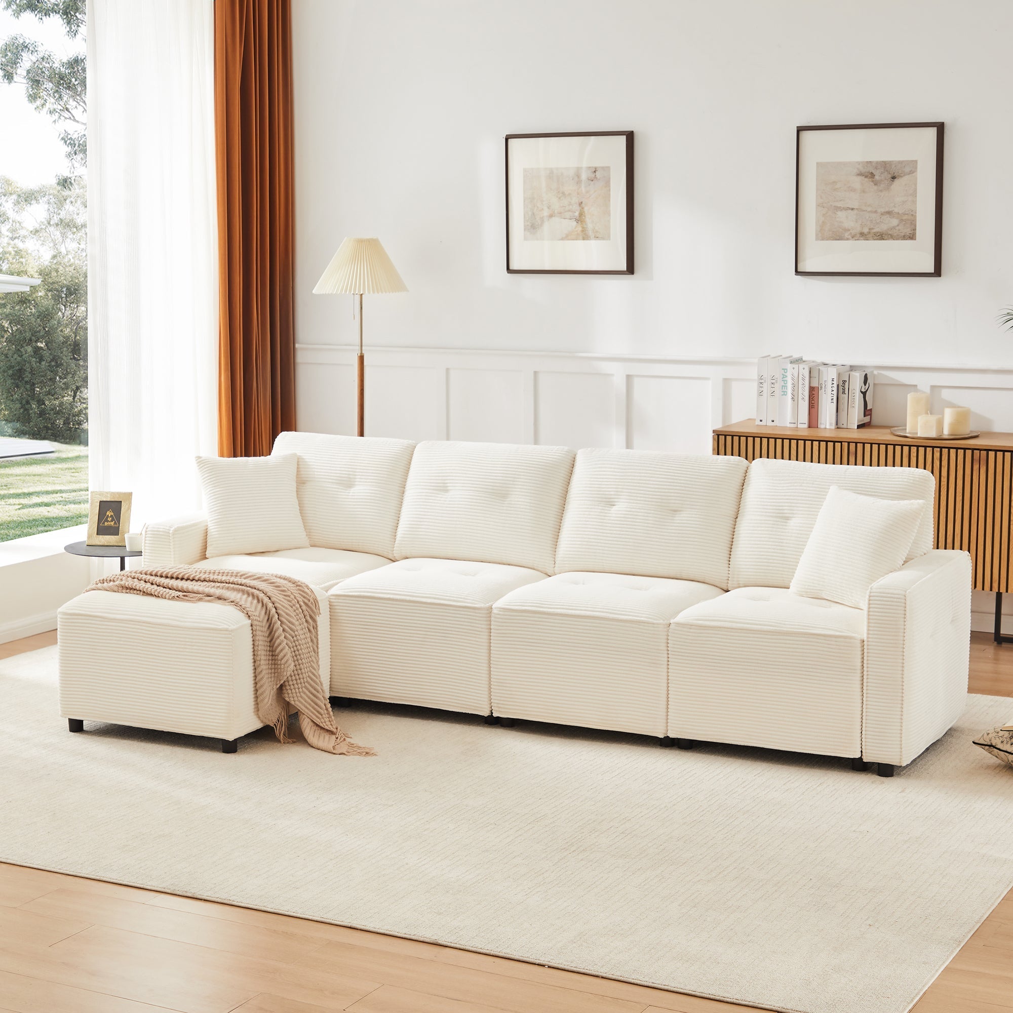 4-Seater Straight Corduroy Sofa with Under-Seat Storage and Freestanding Ottoman, Beige