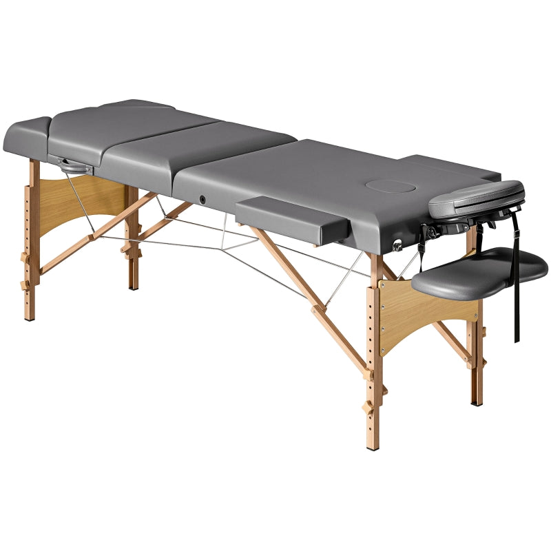 Foldable Massage Table, Adjustable Height Portable with Beech Wood Legs - Grey