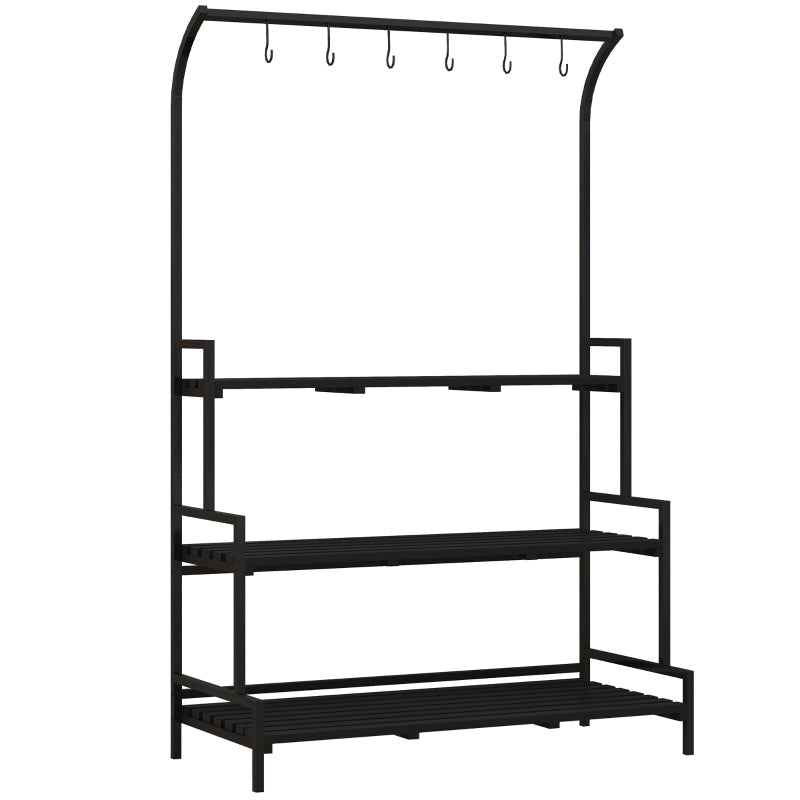 Flower Stand 3 Tiers 6 Hooks Indoor & Outdoor Metal Black