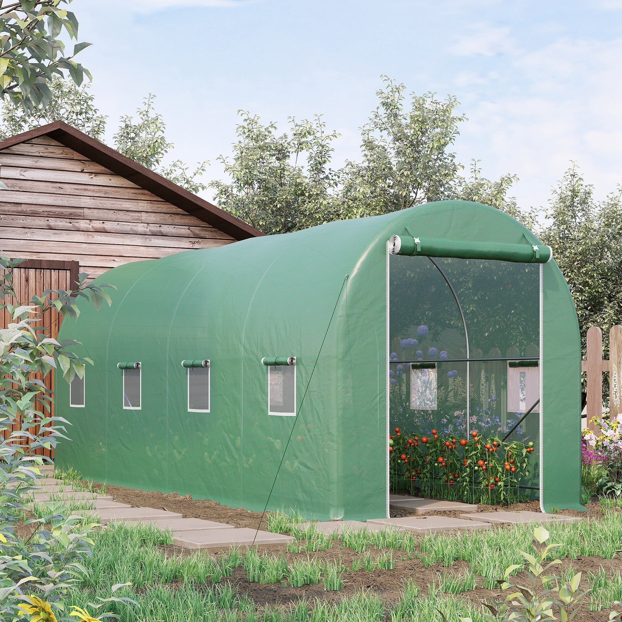 Polytunnel Greenhouse with Window, 500x200x210cm, for Tomato & Plant Cultivation, Green