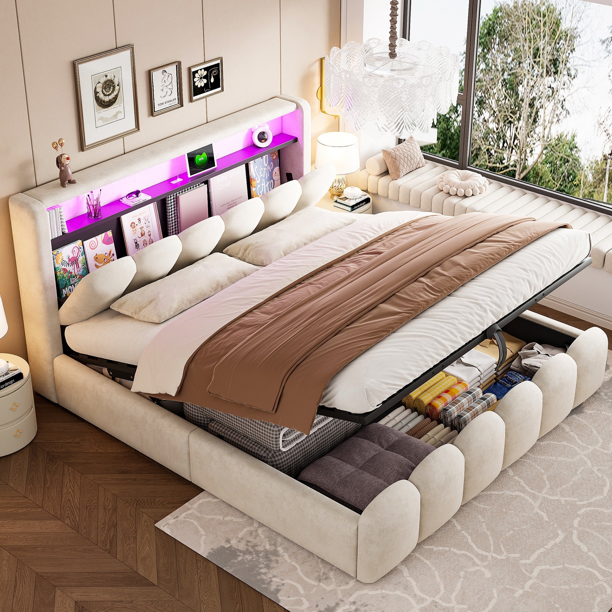Upholstered Bed 180x200 Hydraulic Storage LED USB/Type-C Velvet Beige