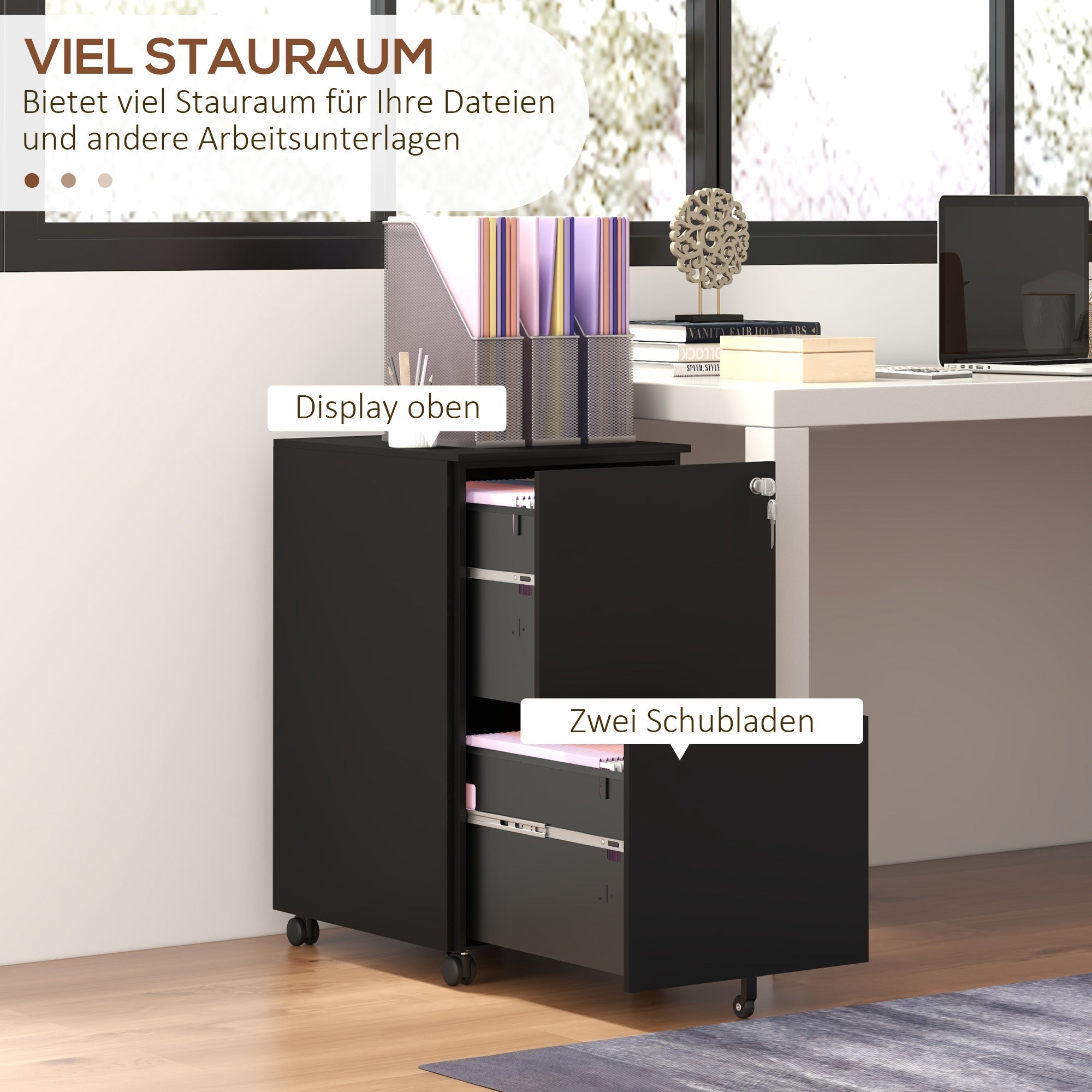Vinsetto Filing Cabinet with 2 Lockable Drawers, Rolling, Steel, Black