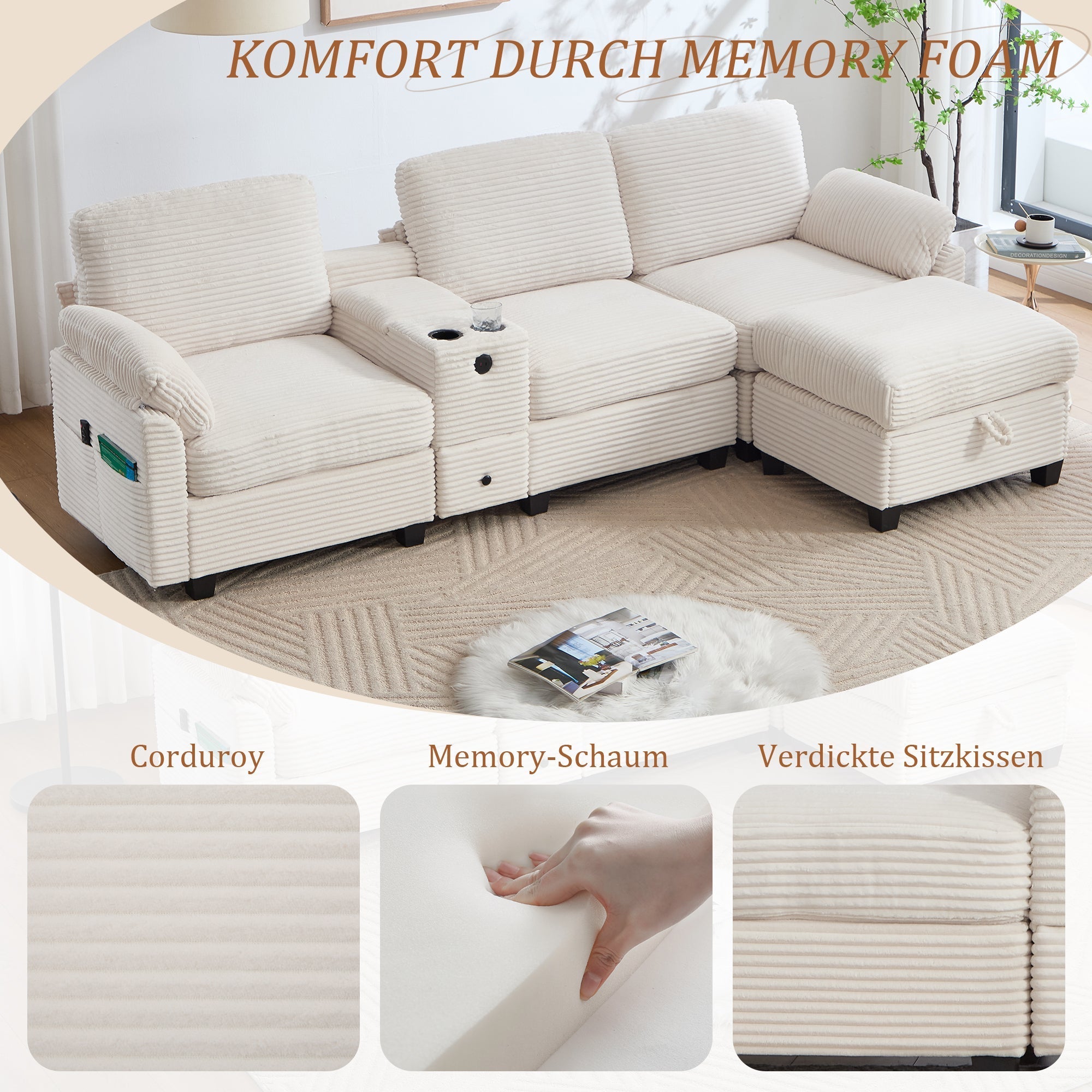 Sofa with Console, USB-C Port, Drawer & Movable Ottoman - Corduroy