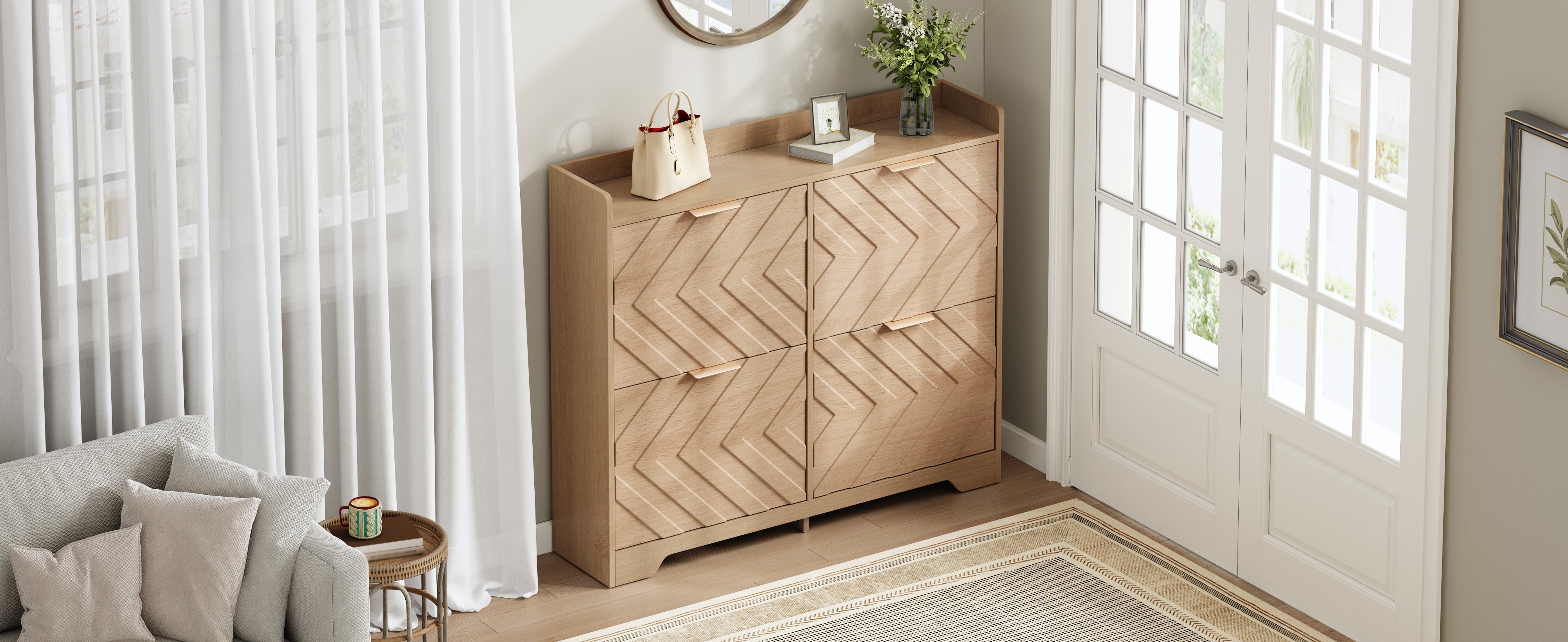 Shoe Cabinet with 4 Flip Drawers and 3D Textured Front, Space-Saving Entryway Storage, Wood White