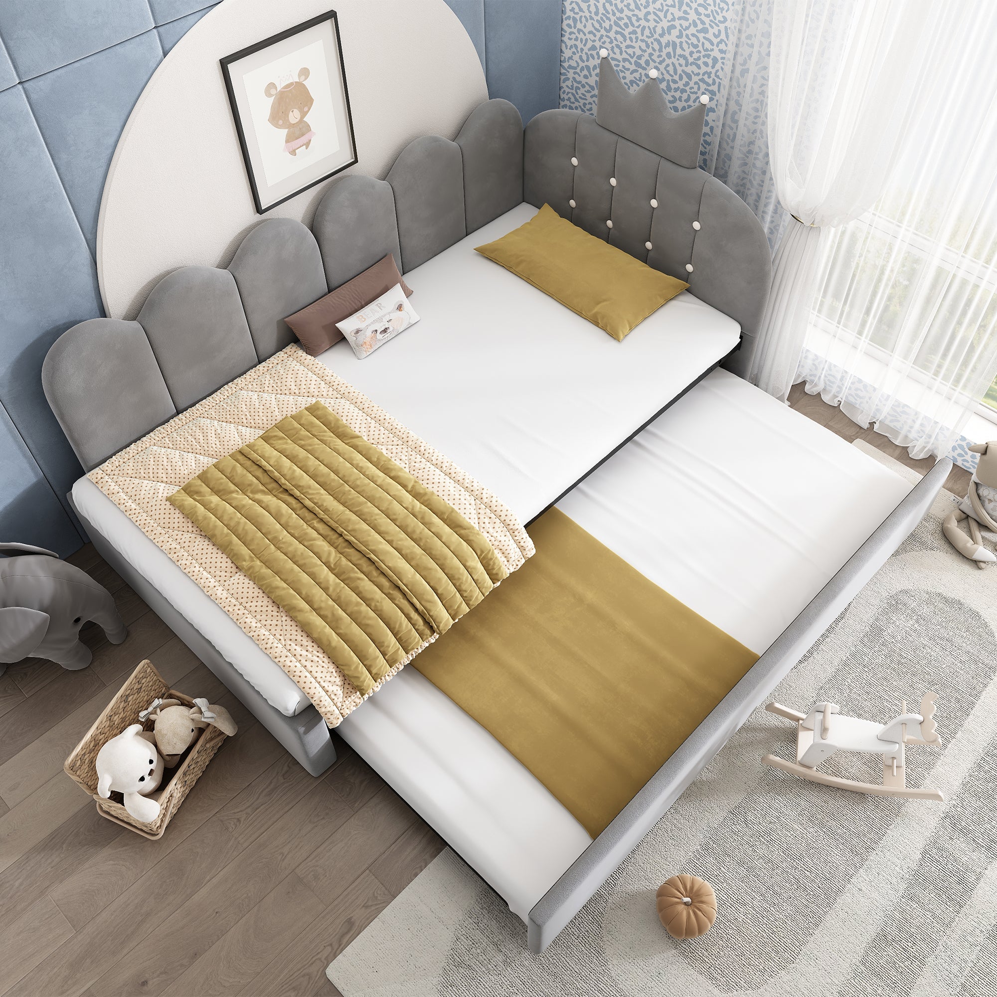 L-Shape Sofa Bed with Pull-Out Guest Bed and Crown Lattice Design, 90x200cm, Grey Velvet