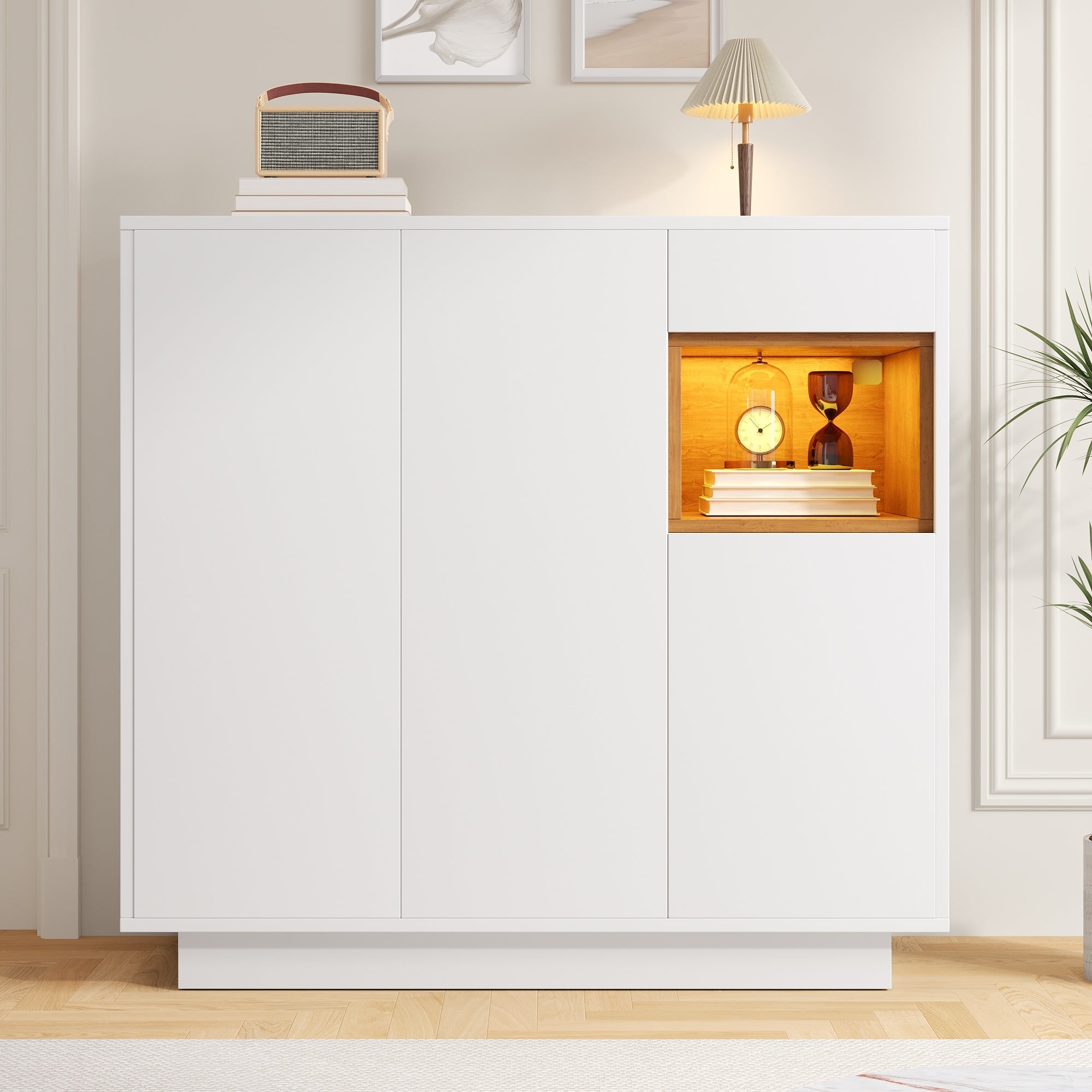 Shoe Cabinet with Adjustable Shelves for 14-18 Pairs, White and Natural Wood