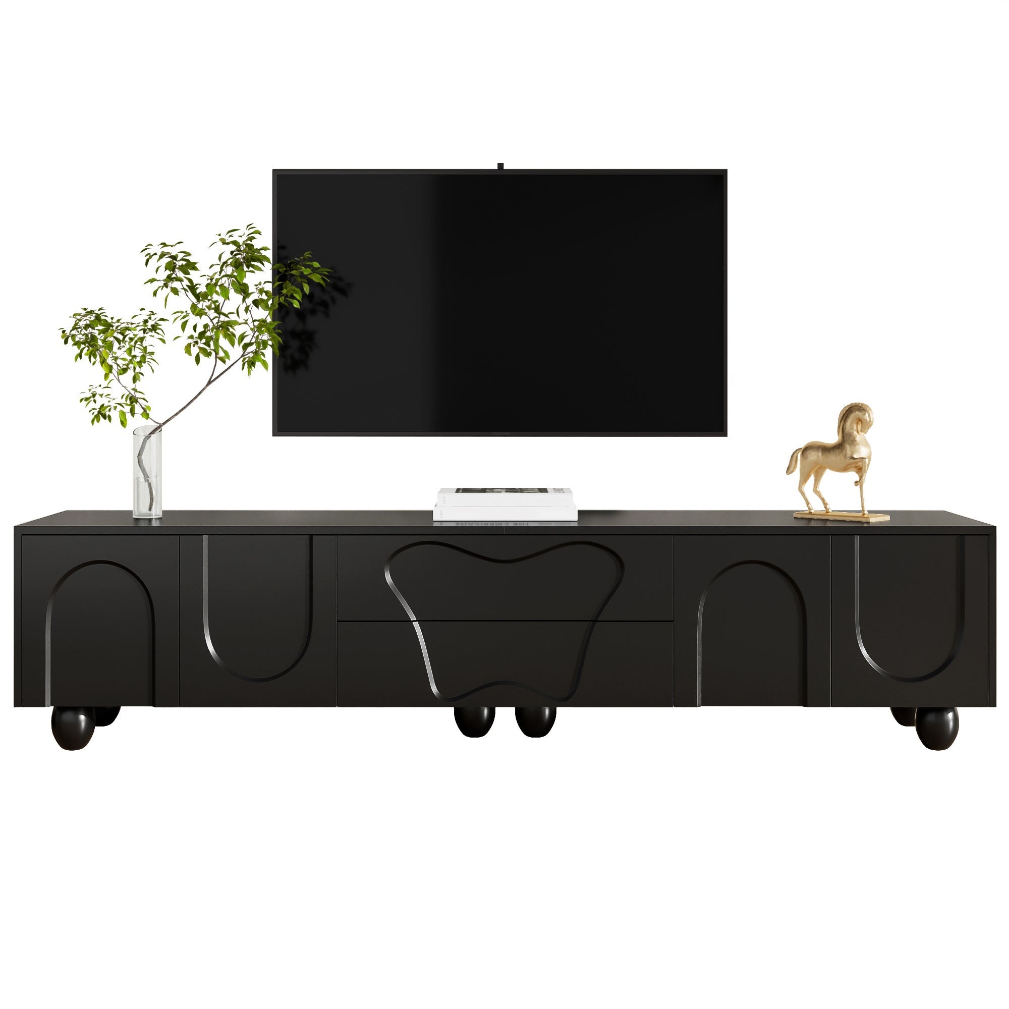 TV Cabinet, 180cm Minimalist Elegant Storage, Black Wooden