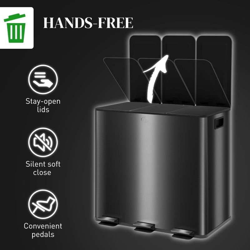 3 x 15L Pedal Bin Triple Kitchen Bin Soft Close Fingerprint-Proof Black