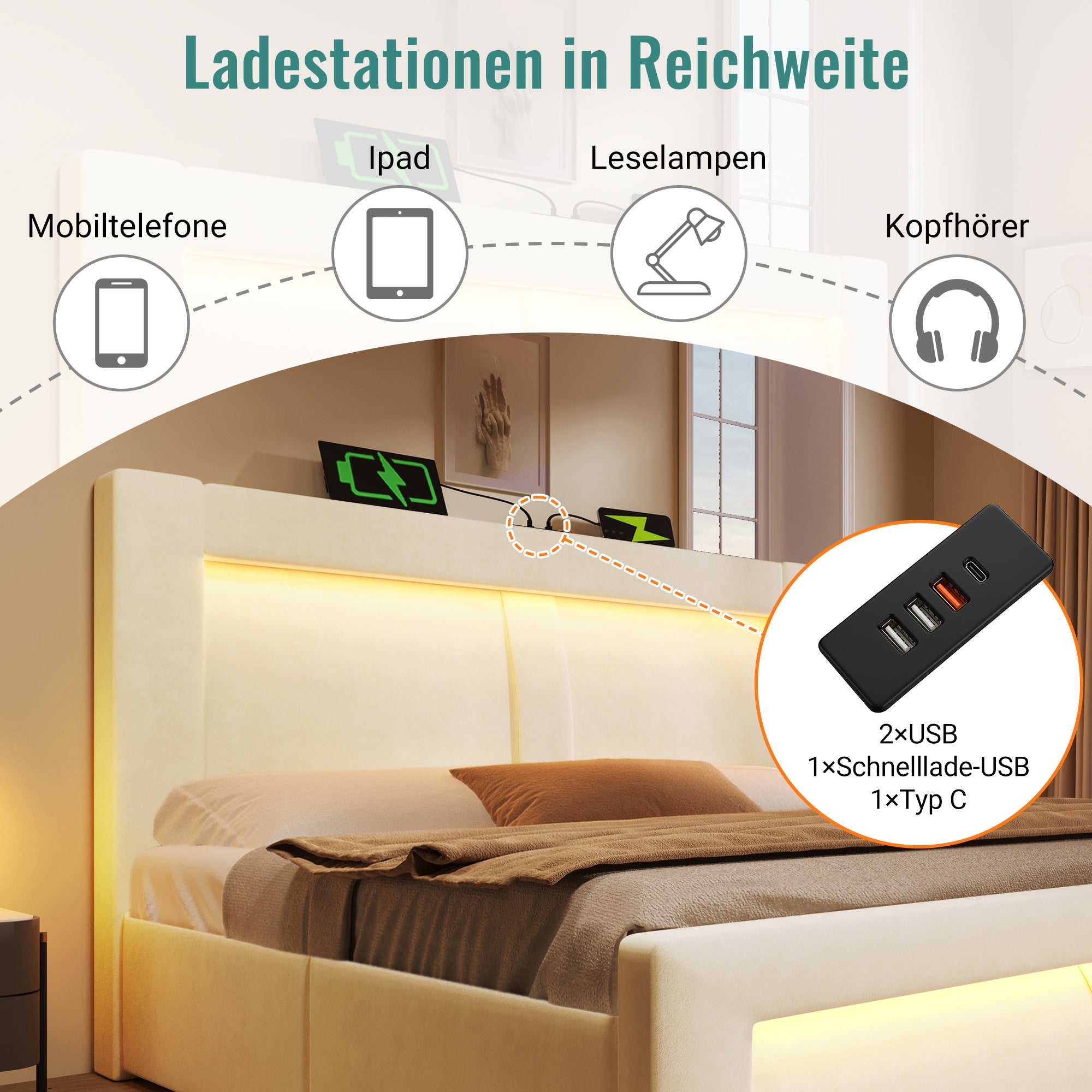 Double Bed with Hydraulic Storage, LED Lighting and Charging Ports, 140x200cm, Beige Velvet