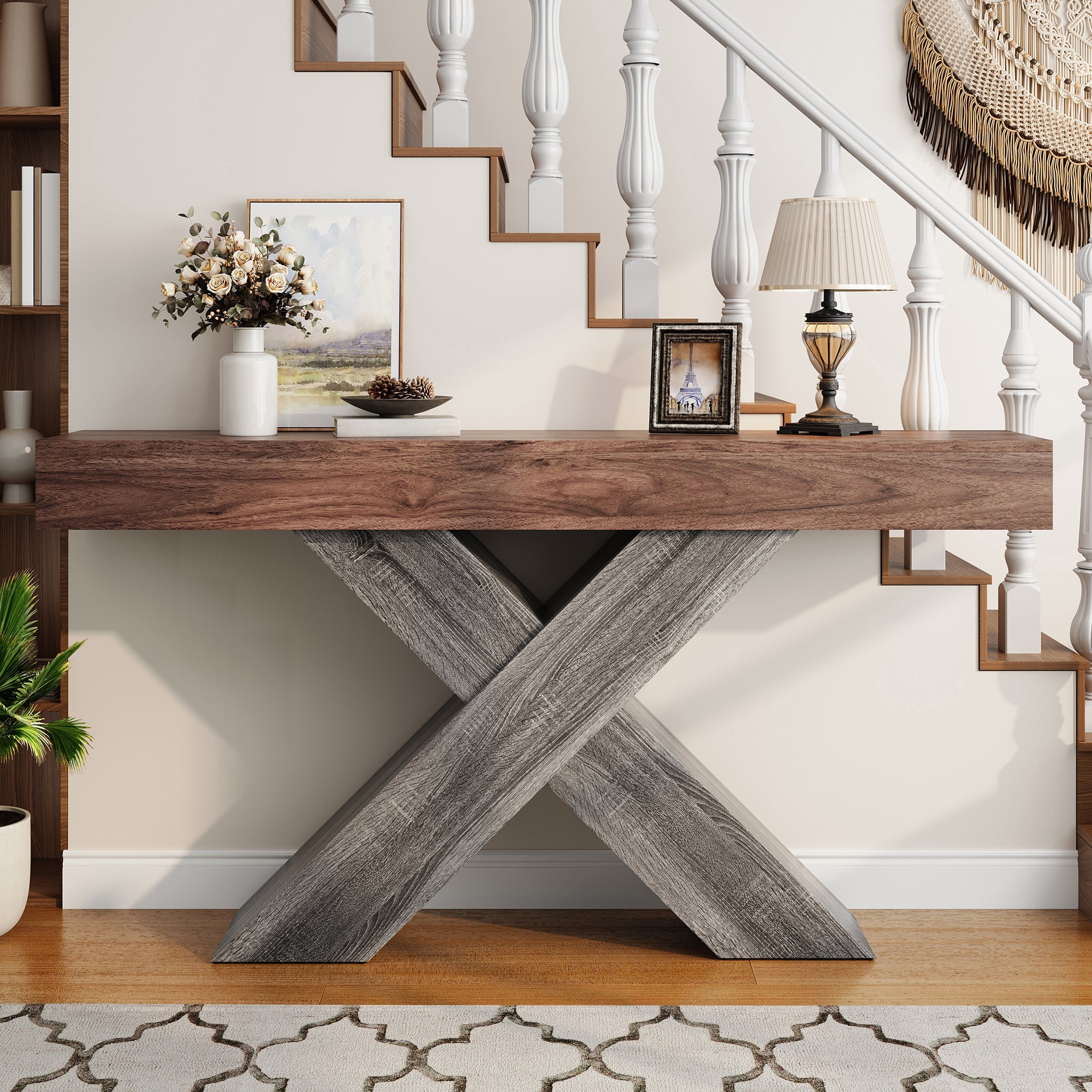 Console Table with X-Shaped Legs, Narrow Side Table for Hallway and Living Room, Wood Look Chipboard
